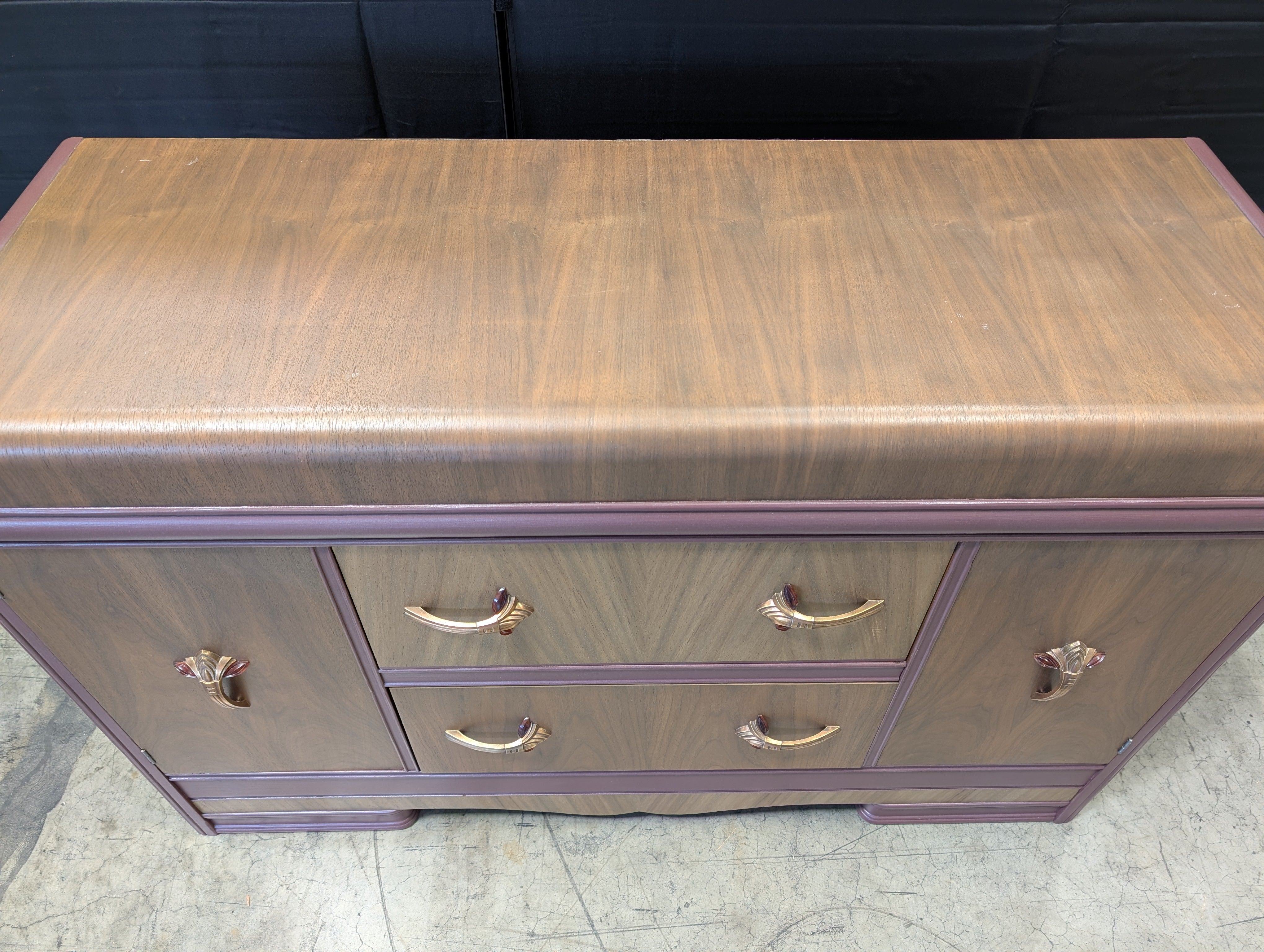 Vintage Art Deco Waterfall Wood Sideboard Cabinet