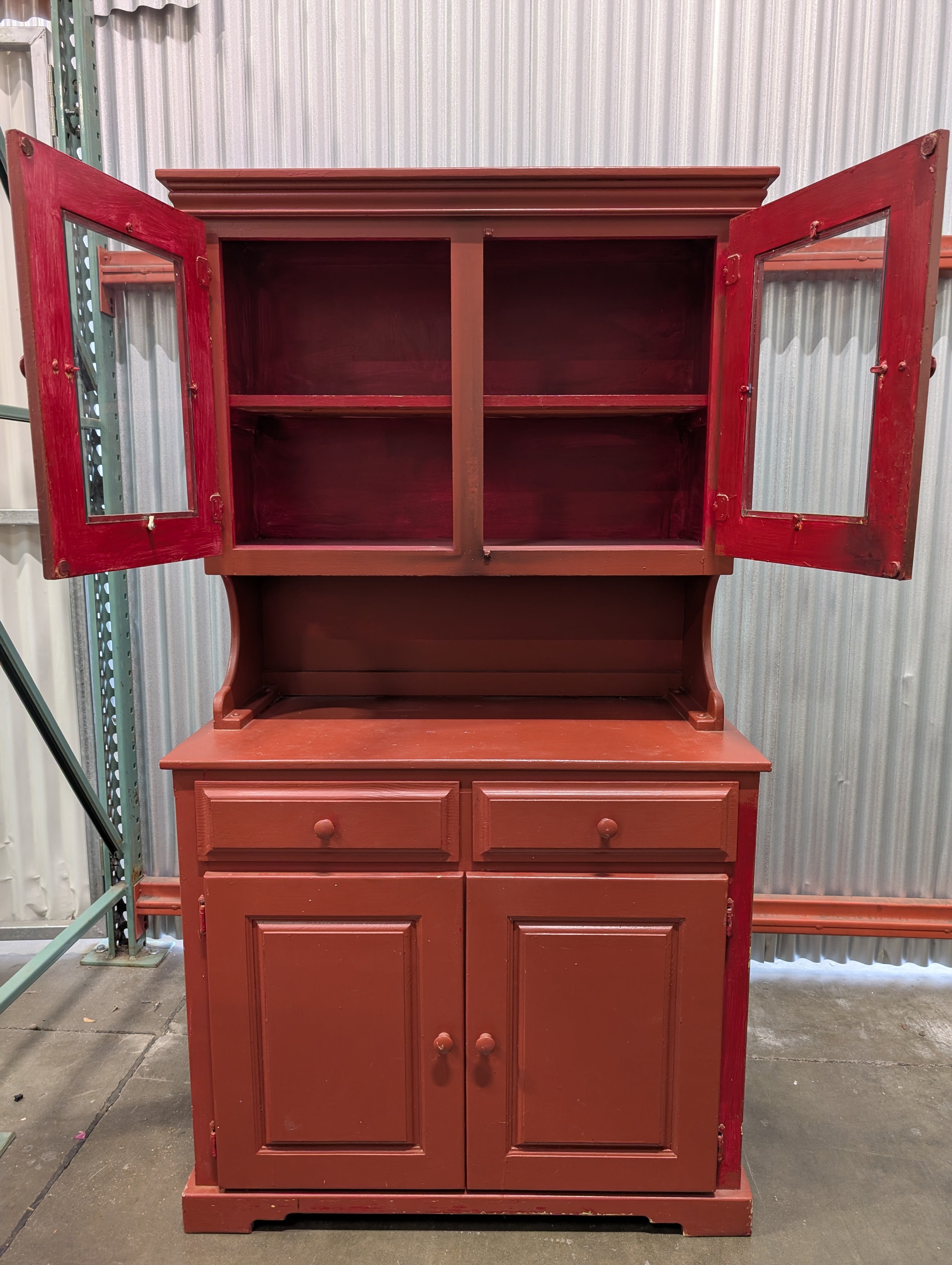 Traditional Red Wood Hutch Cabinet with Glass Doors