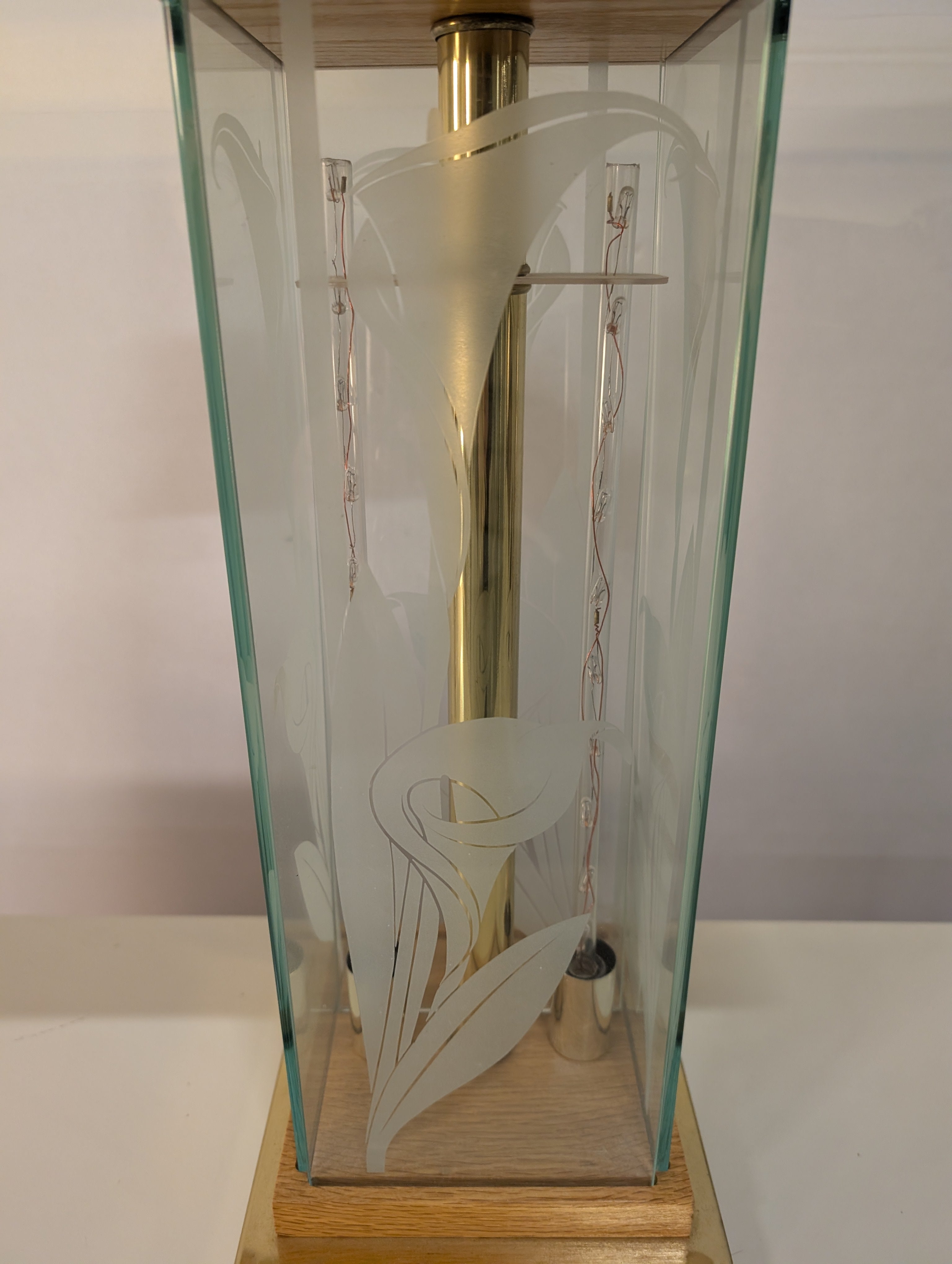 Frosted Calla Lily Etched Glass Table Lamp with Wood Base