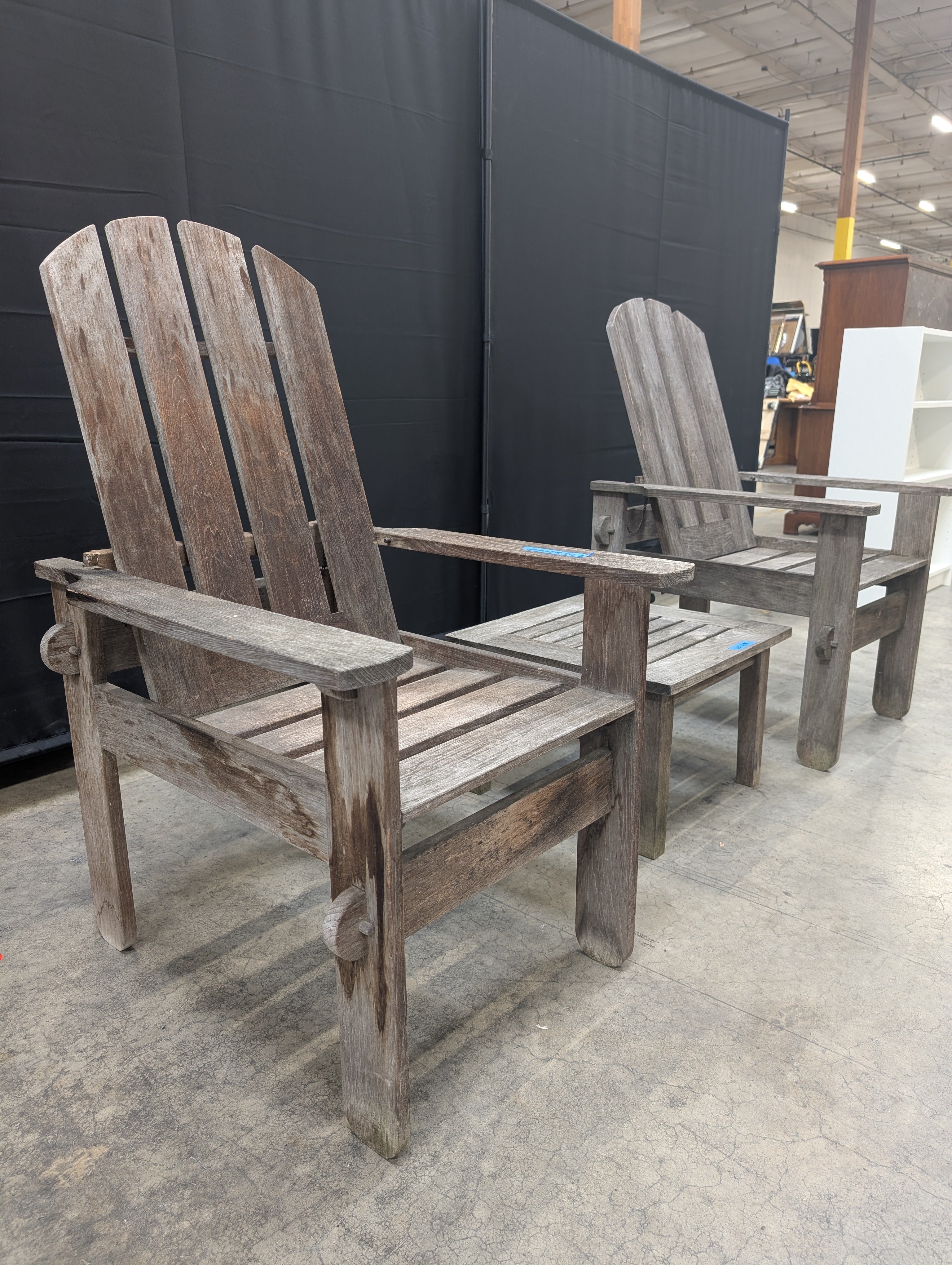 Set of Weathered Gray Wood Adirondack Chairs with Side Table