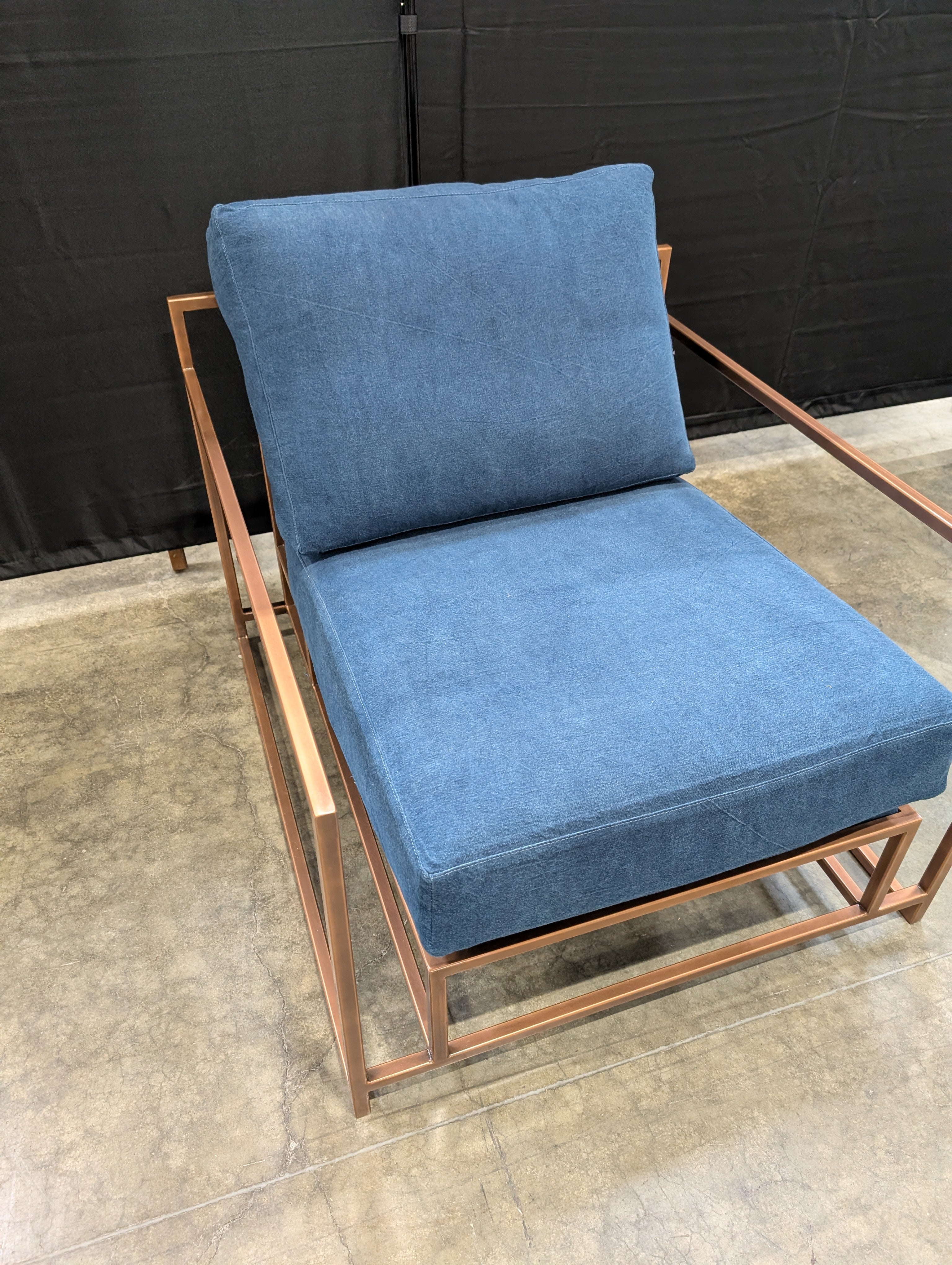 Contemporary Metal Frame Armchair with Deep Blue Cushions