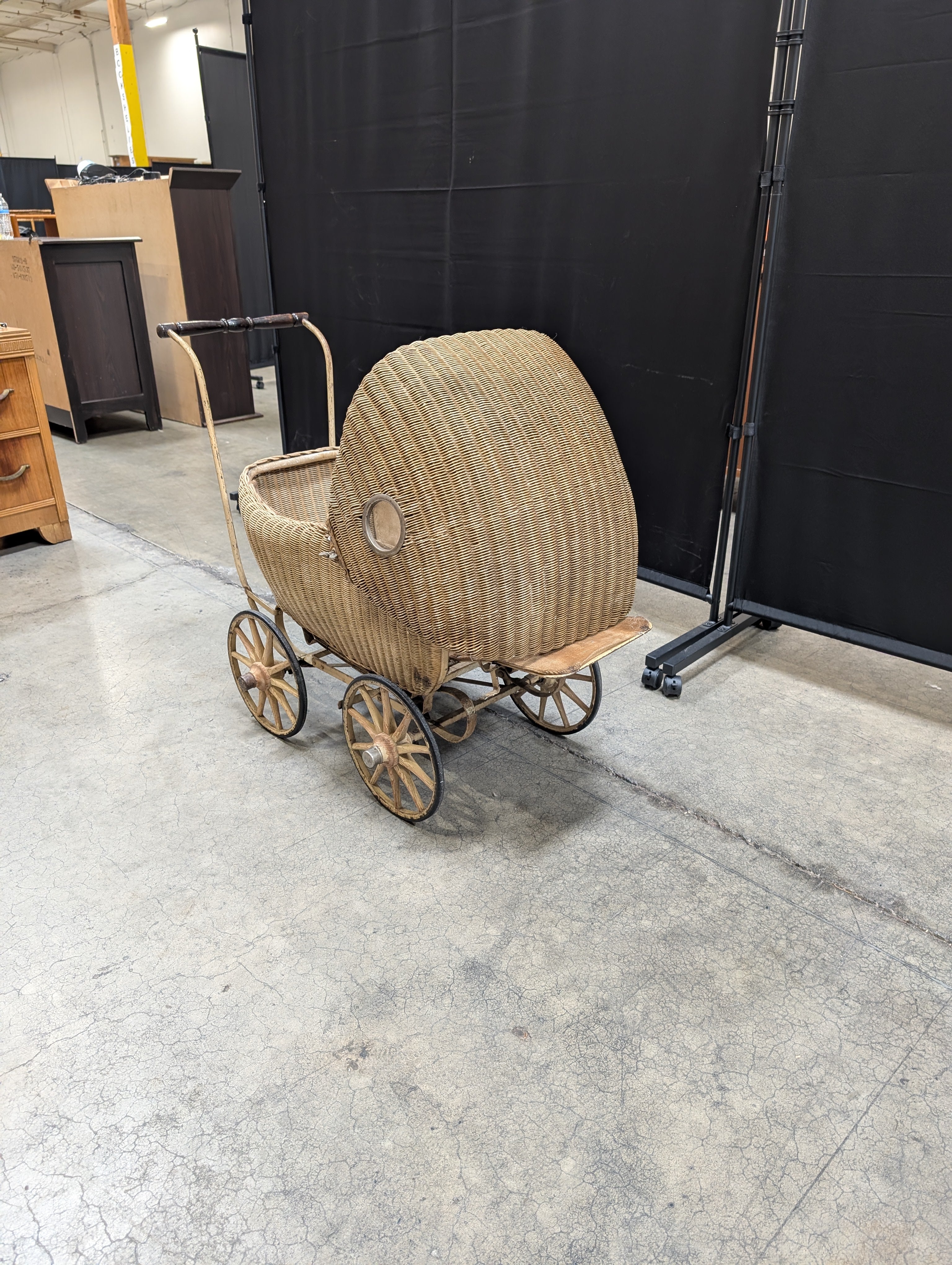 Vintage Lloyd Loom Baby Carriage with  Glass Porthole Window