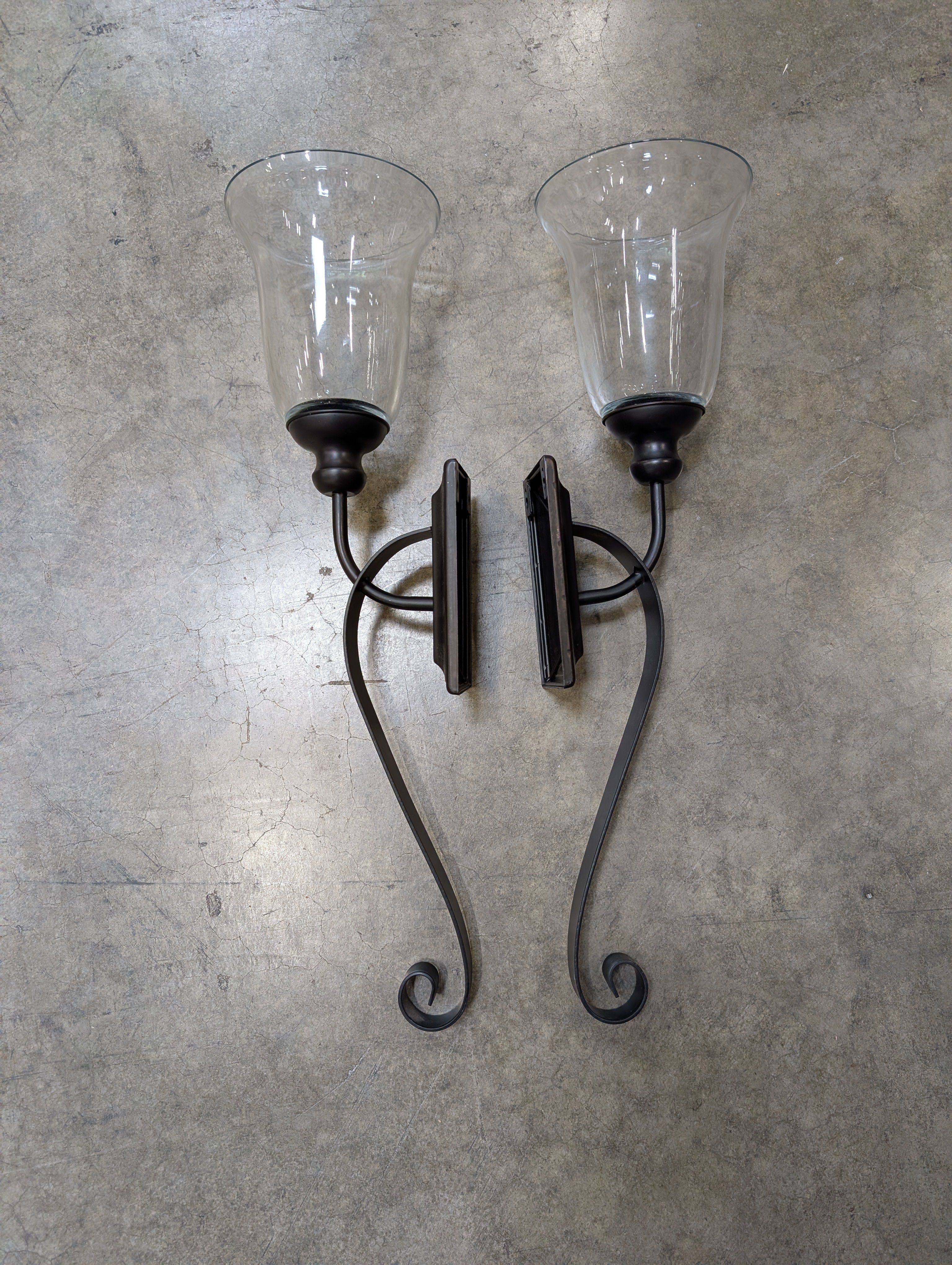 Pair of Rustic Black Metal and Clear Glass Wall Sconces