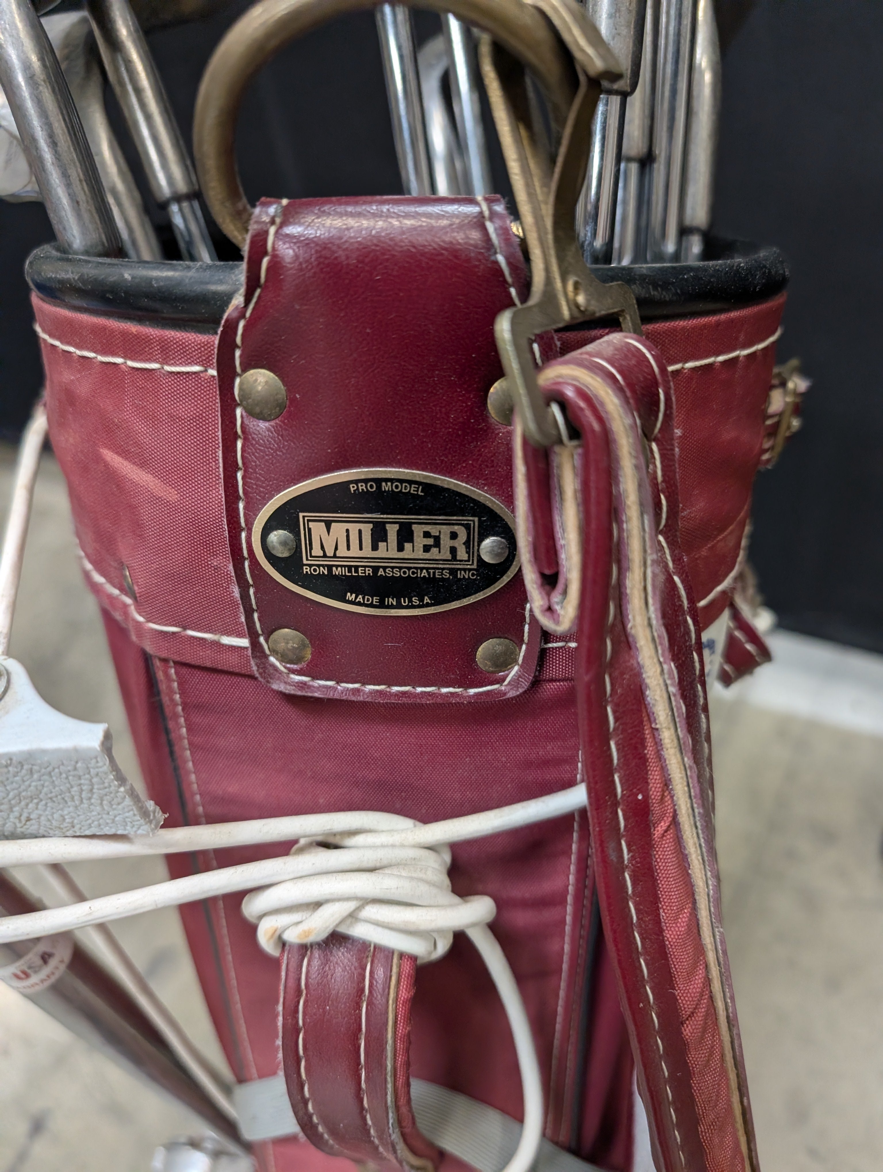 Set of Eleven Golf Clubs with Red Cart Bag and Push Cart