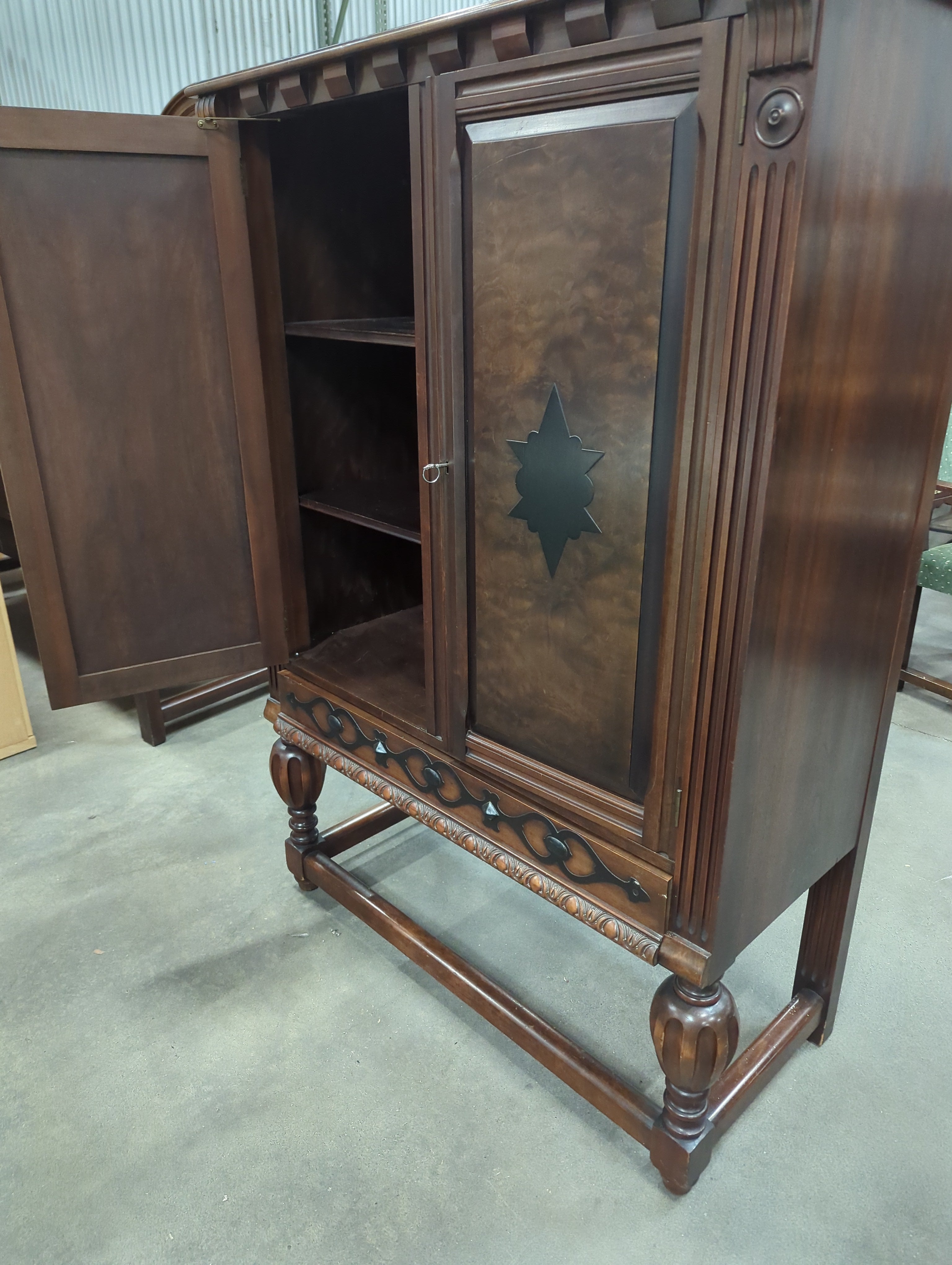 Vintage Dark Wood Display Cabinet with Carved Details