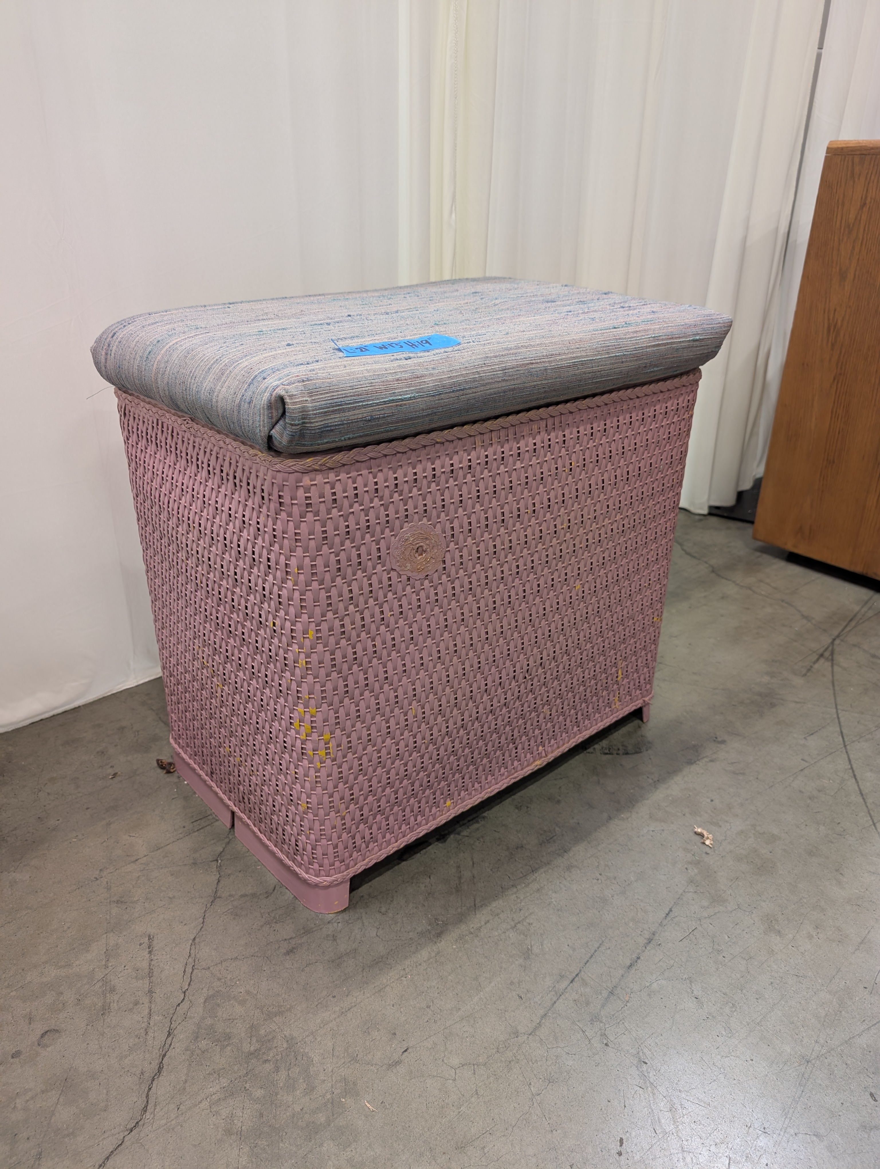 Pink Woven Wicker Storage Ottoman with Padded Lid