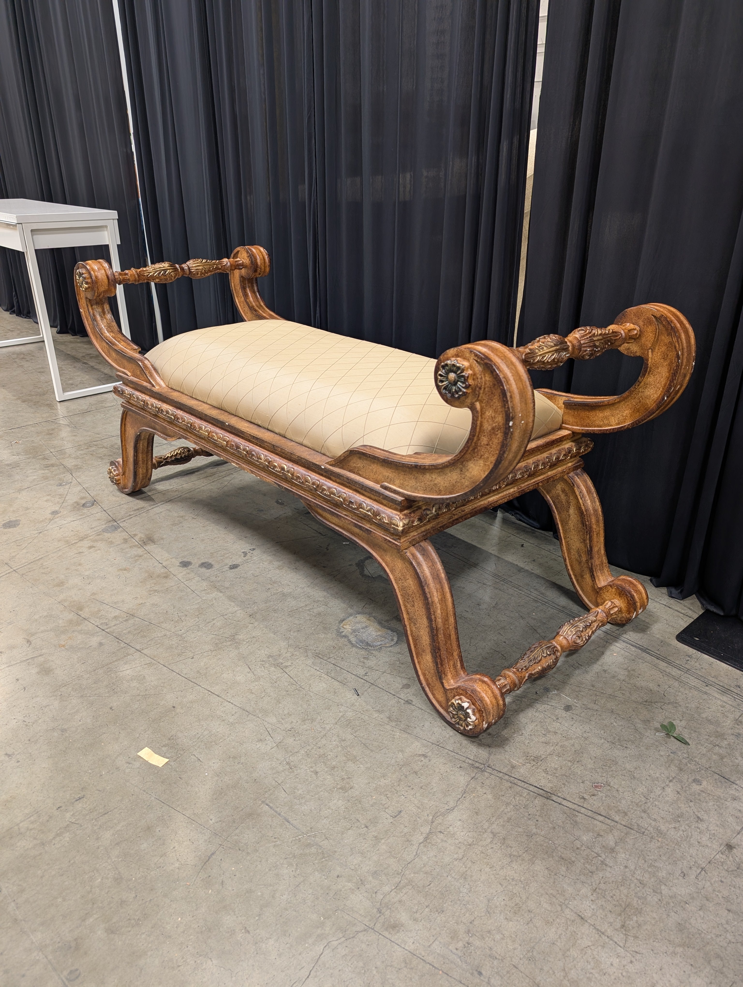 Ornate Carved Wood Chaise Lounge with Fringe Trim
