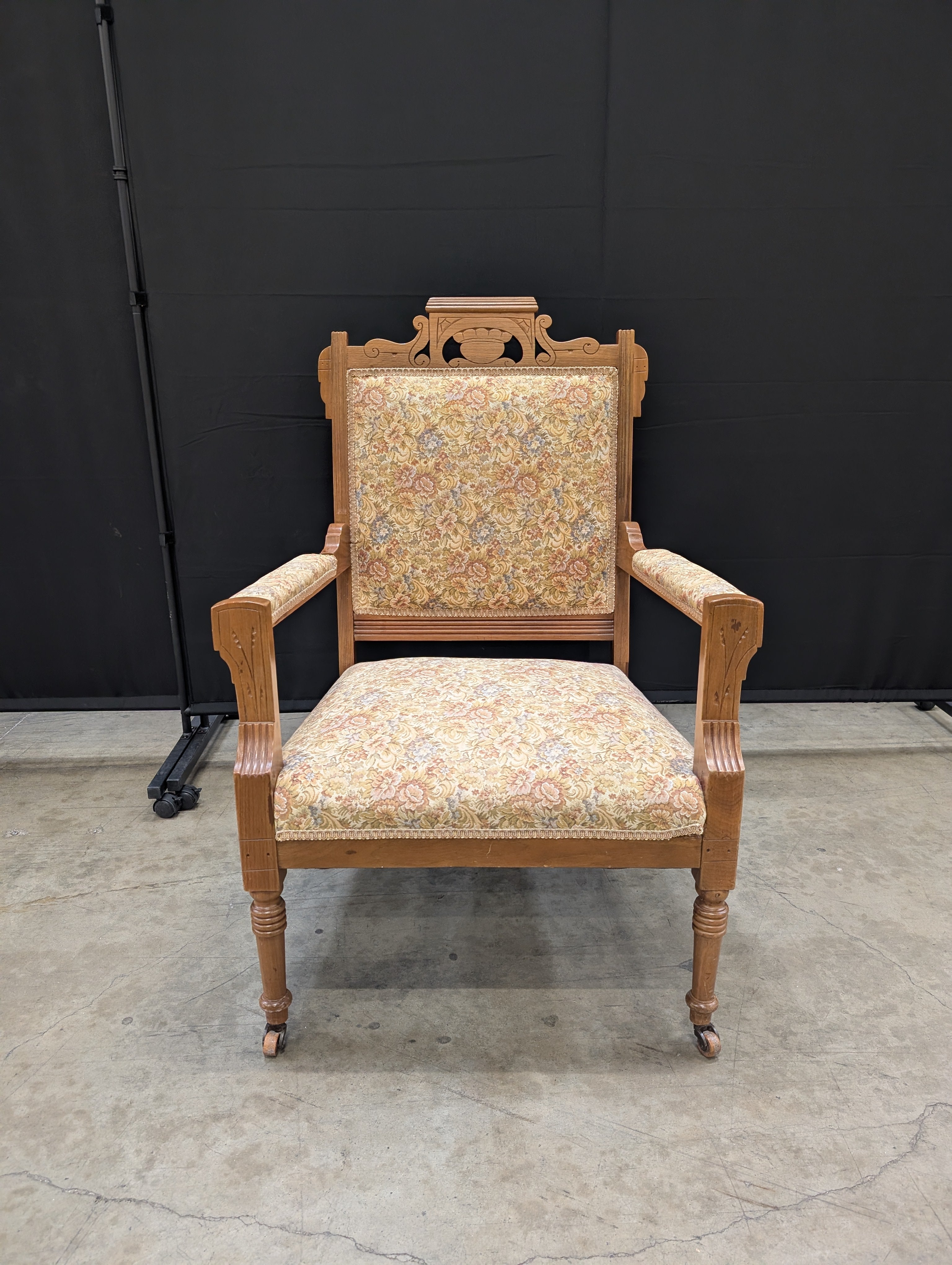 Vintage Carved Wood Armchair with Floral Upholstery