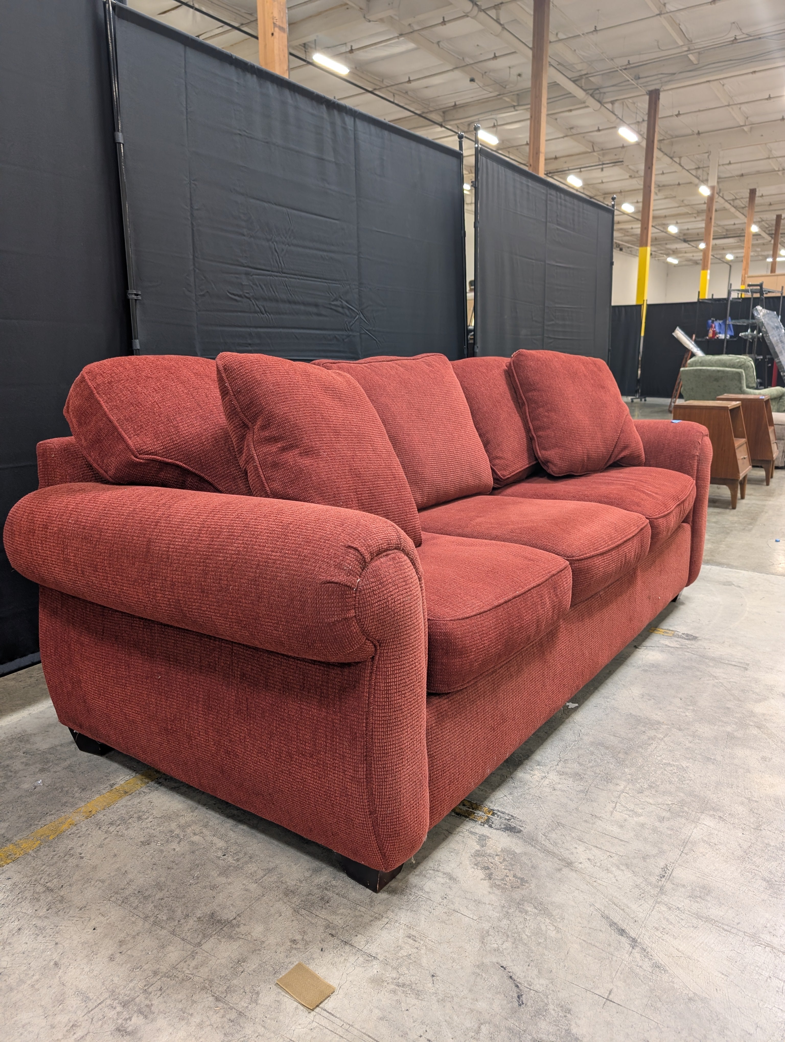 Red Textured Fabric Couch with Rolled Arms