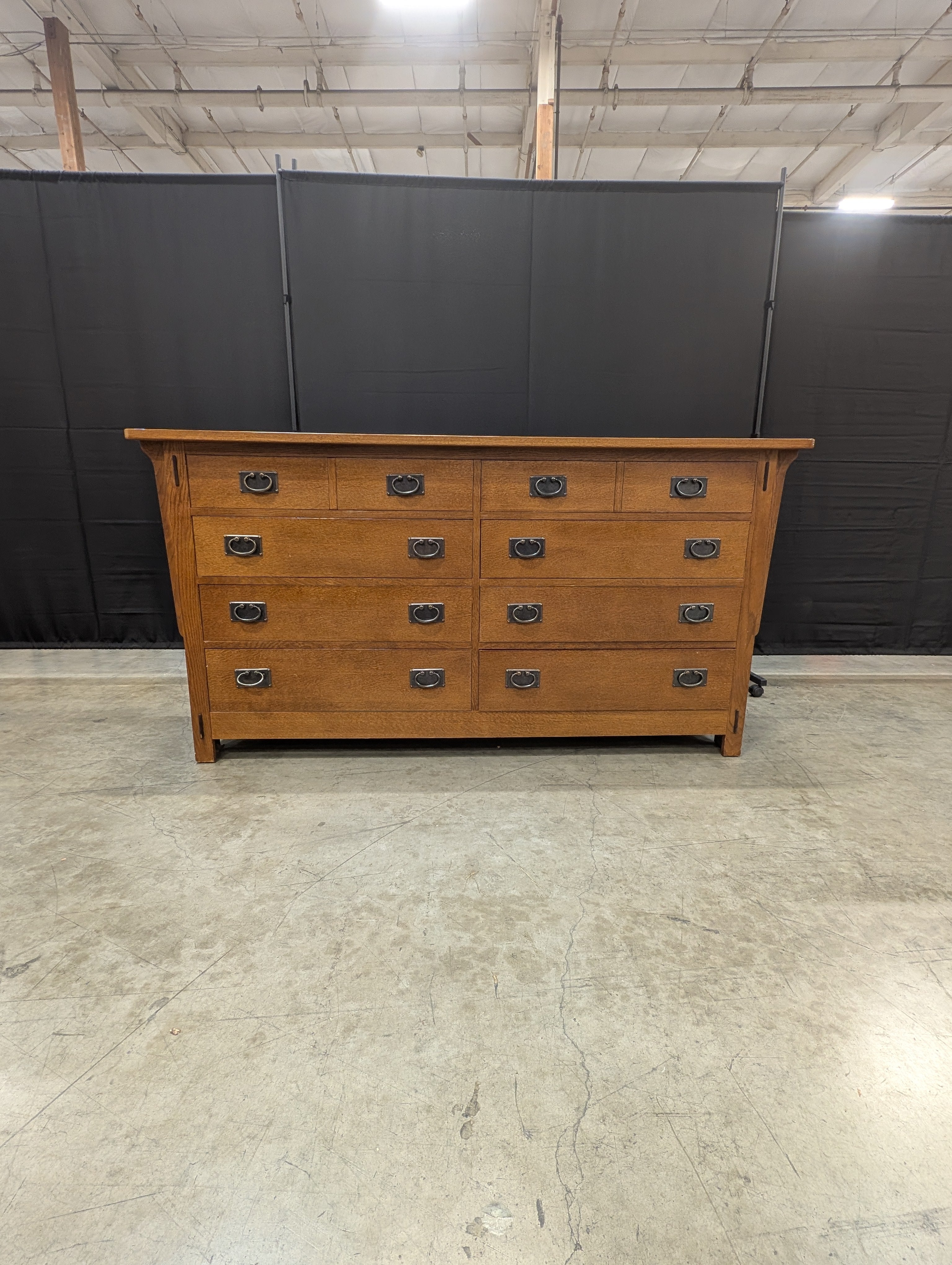 Mission Style Oak Finish Ten-Drawer Dresser with Ring Pulls