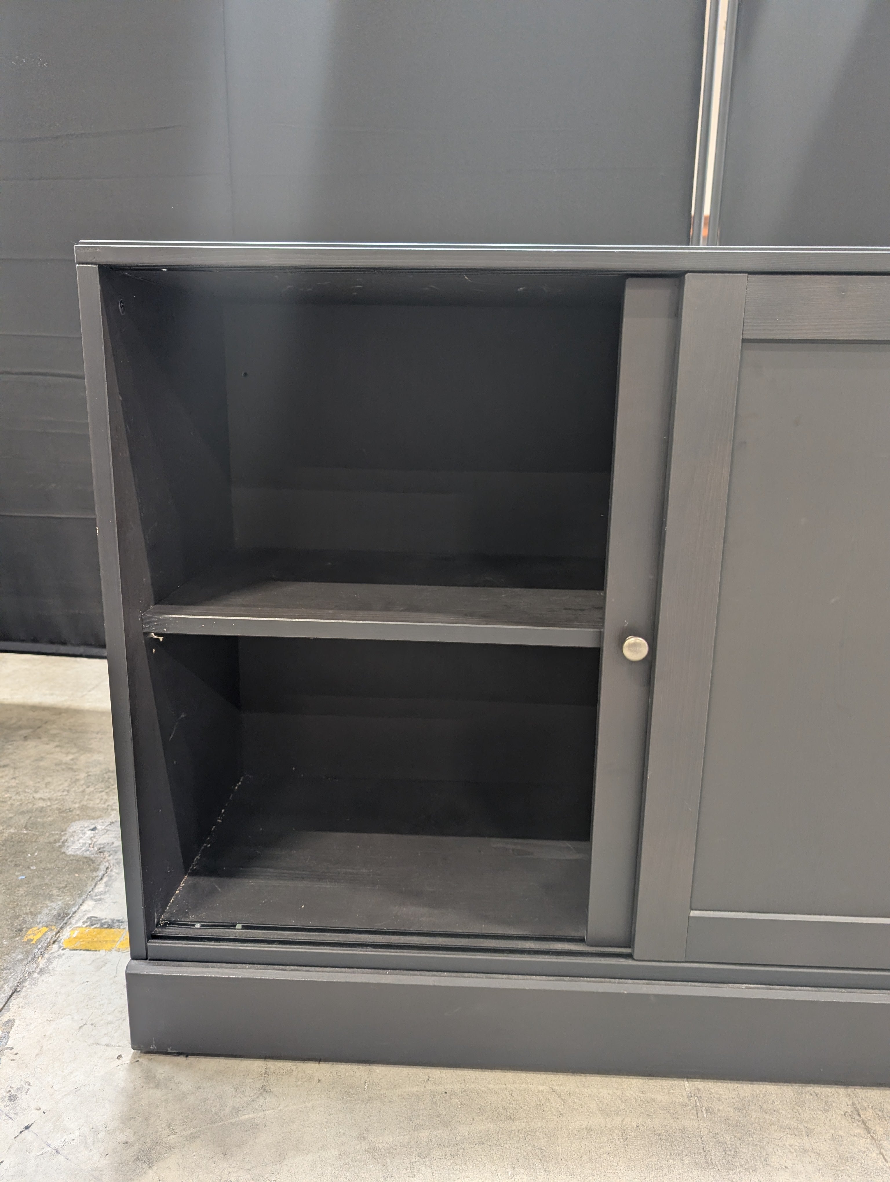 Dark Finish Sliding Door Storage Cabinet with Open Shelf Ikea Used