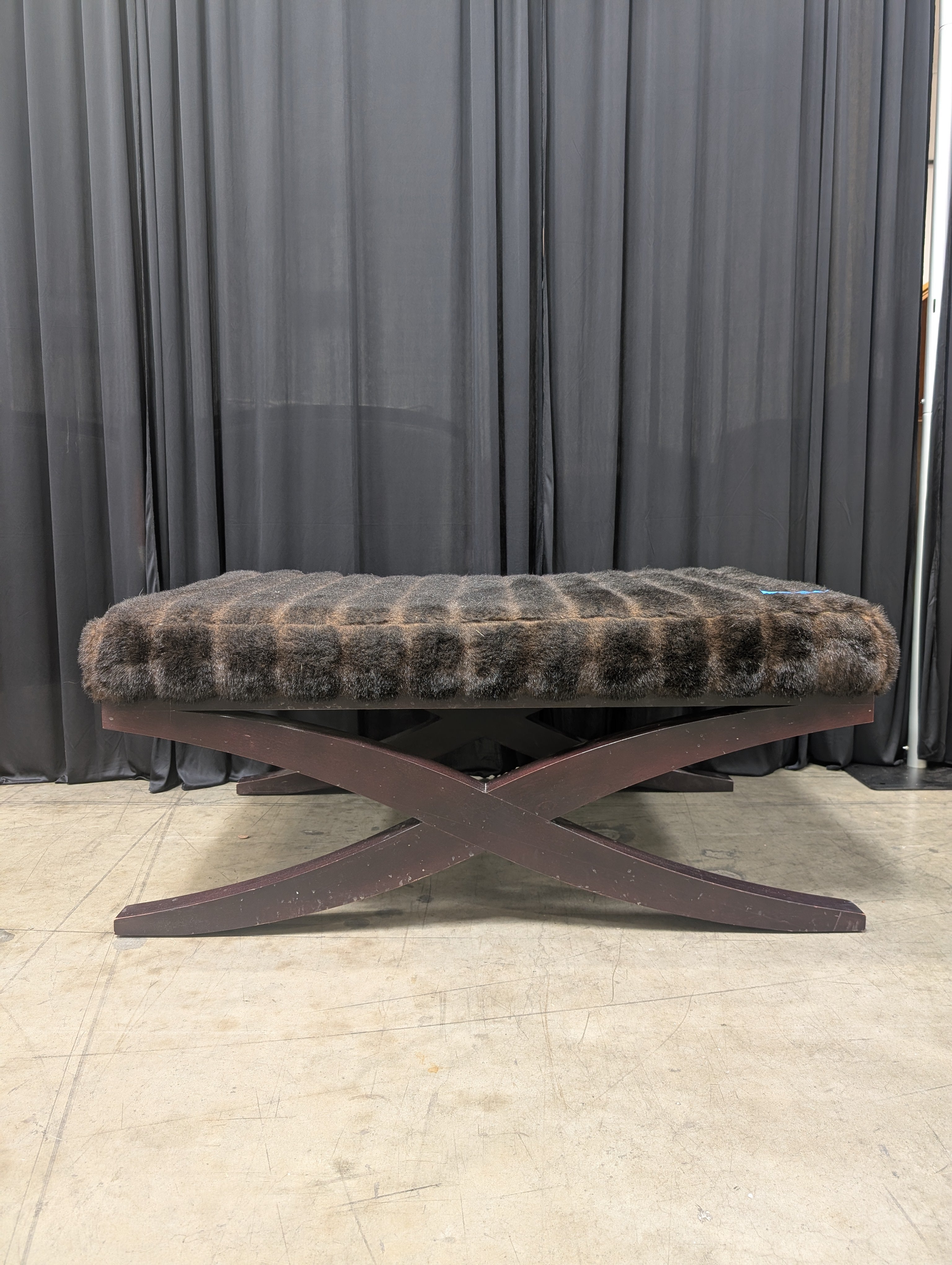 Ribbed Faux Fur X-Base Ottoman in Dark Wood