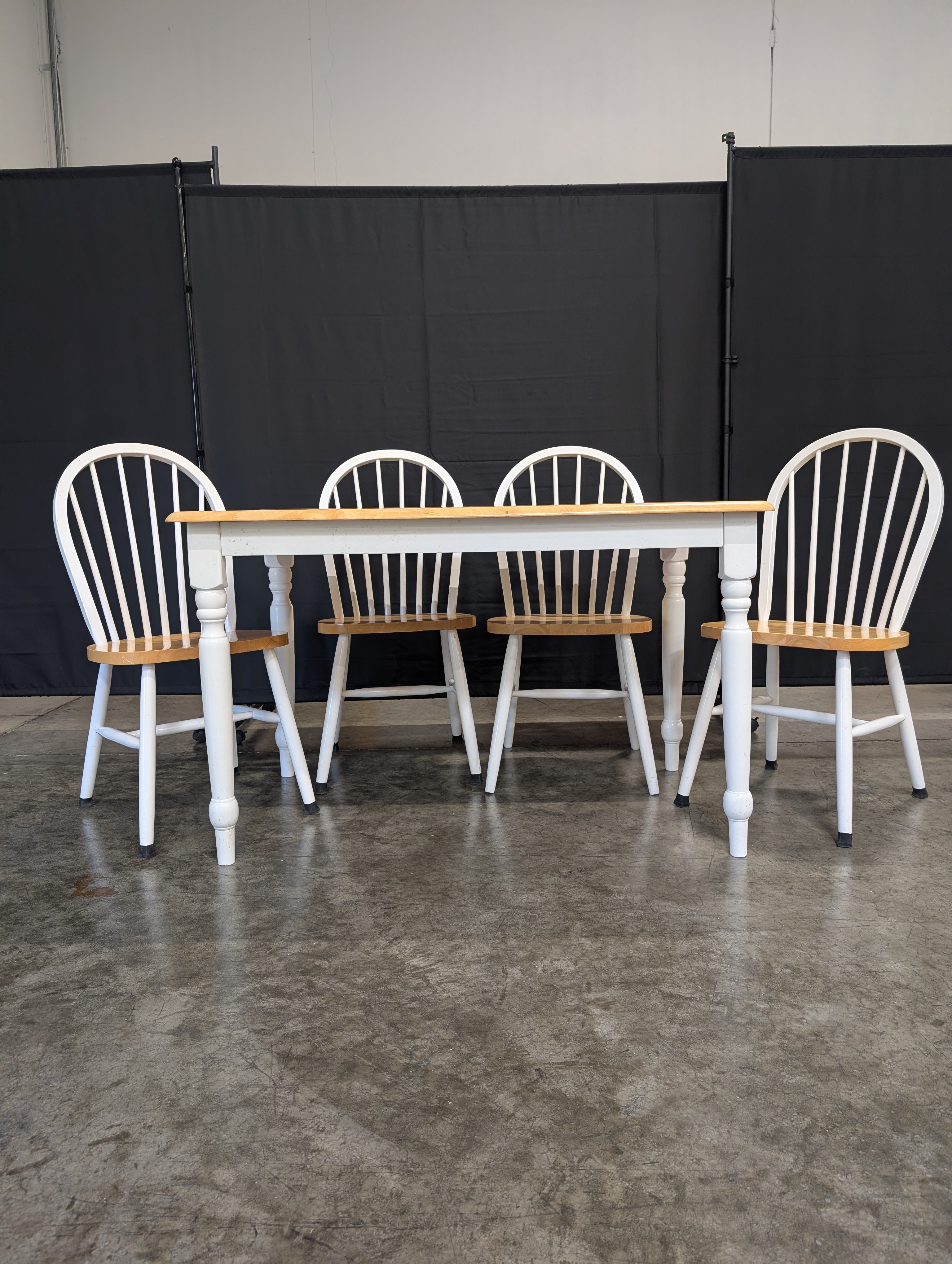 Set of Four Wooden Dining Chairs & Butcher Block Style Dining Table with White Legs