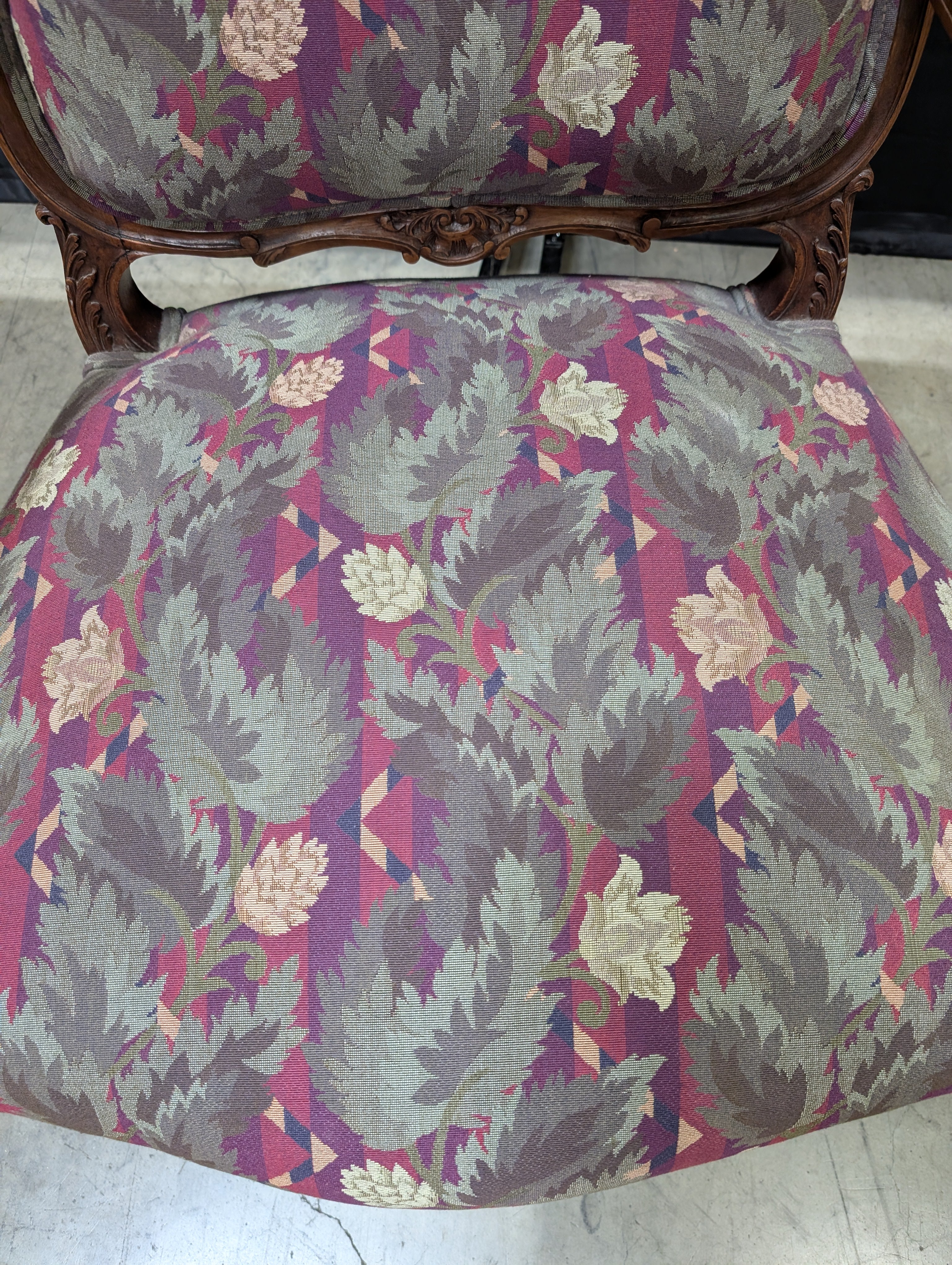 Vintage Carved Wood Armchair with Botanical Upholstery
