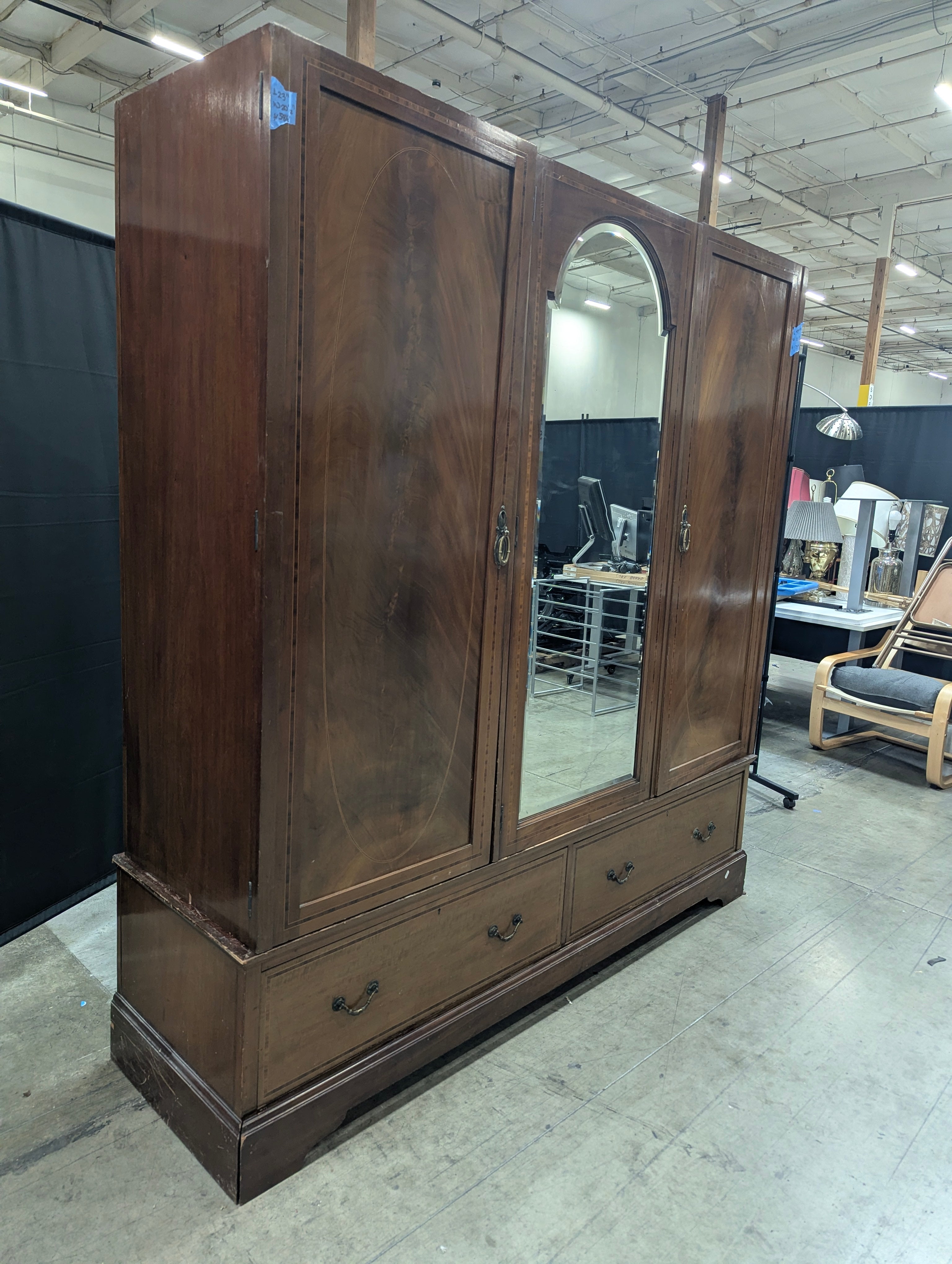 Vintage Three-Door Mirrored Wardrobe with Inlay Details