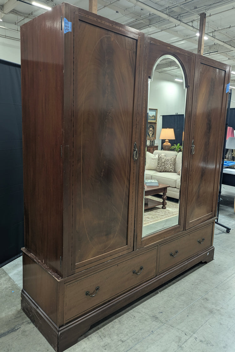Vintage Three-Door Mirrored Wardrobe with Inlay Details