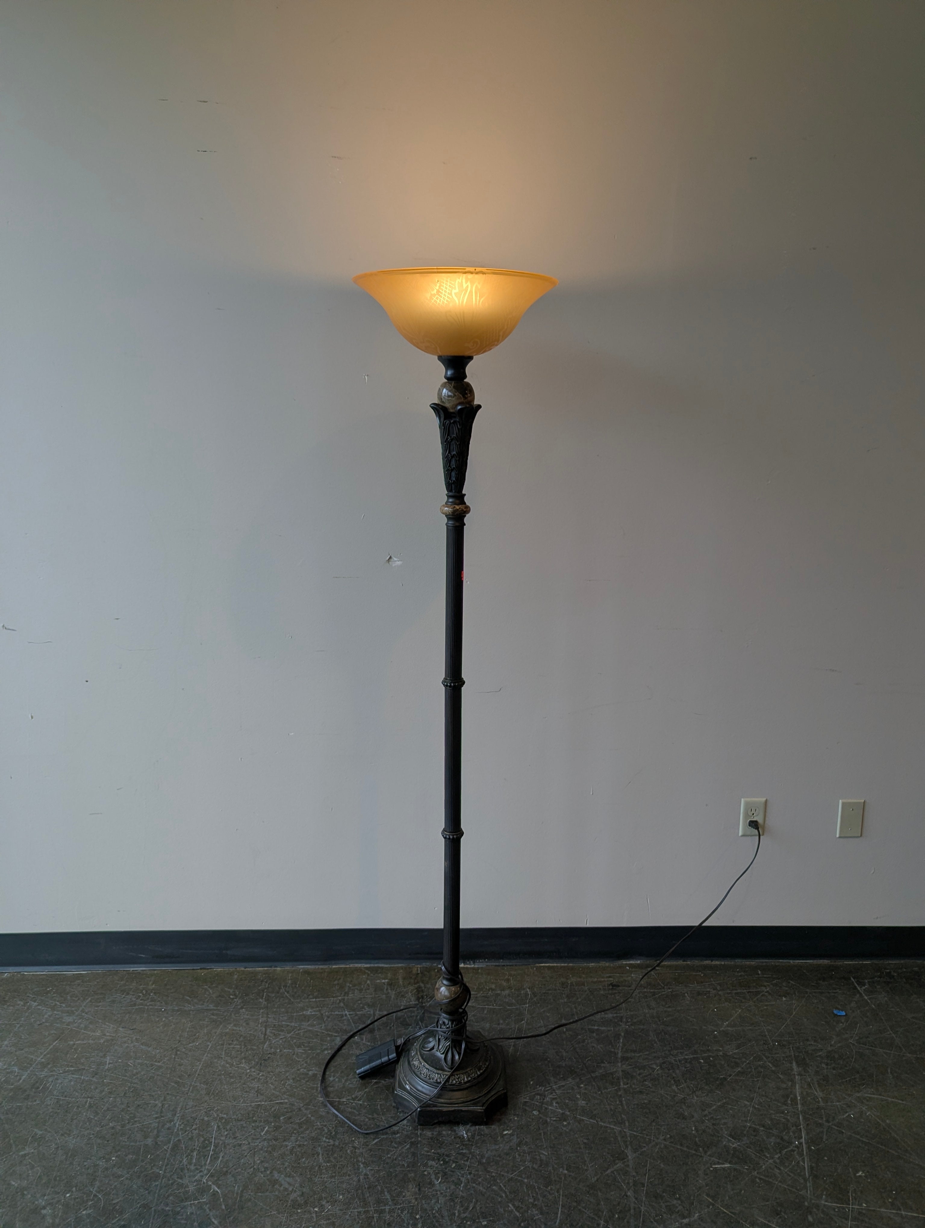 Ornate Dark Metal Torchiere Floor Lamp with Amber Mottled Shade