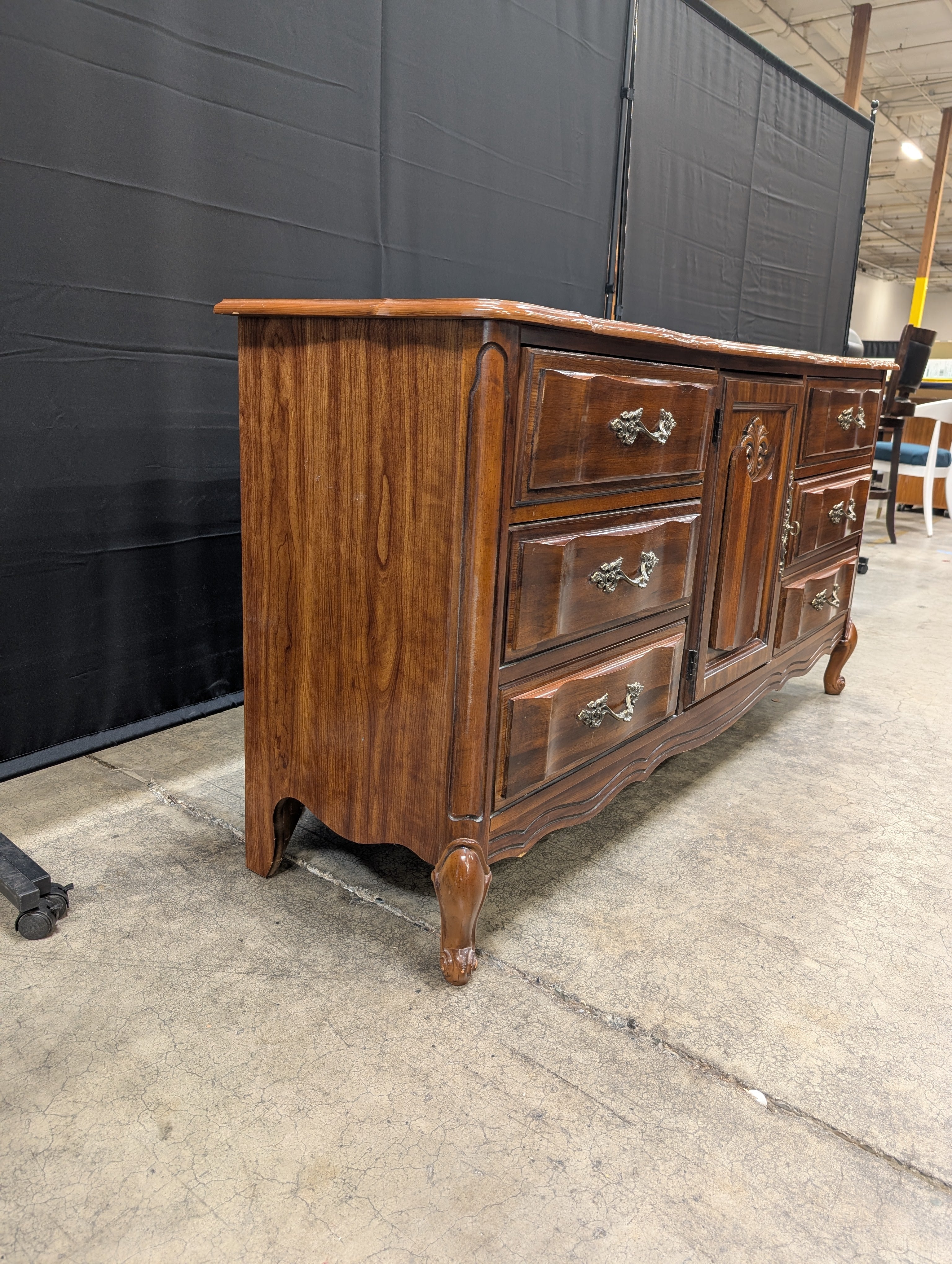 Vintage Rococo Revival Dark Wood Dresser with Ornate Mirror
