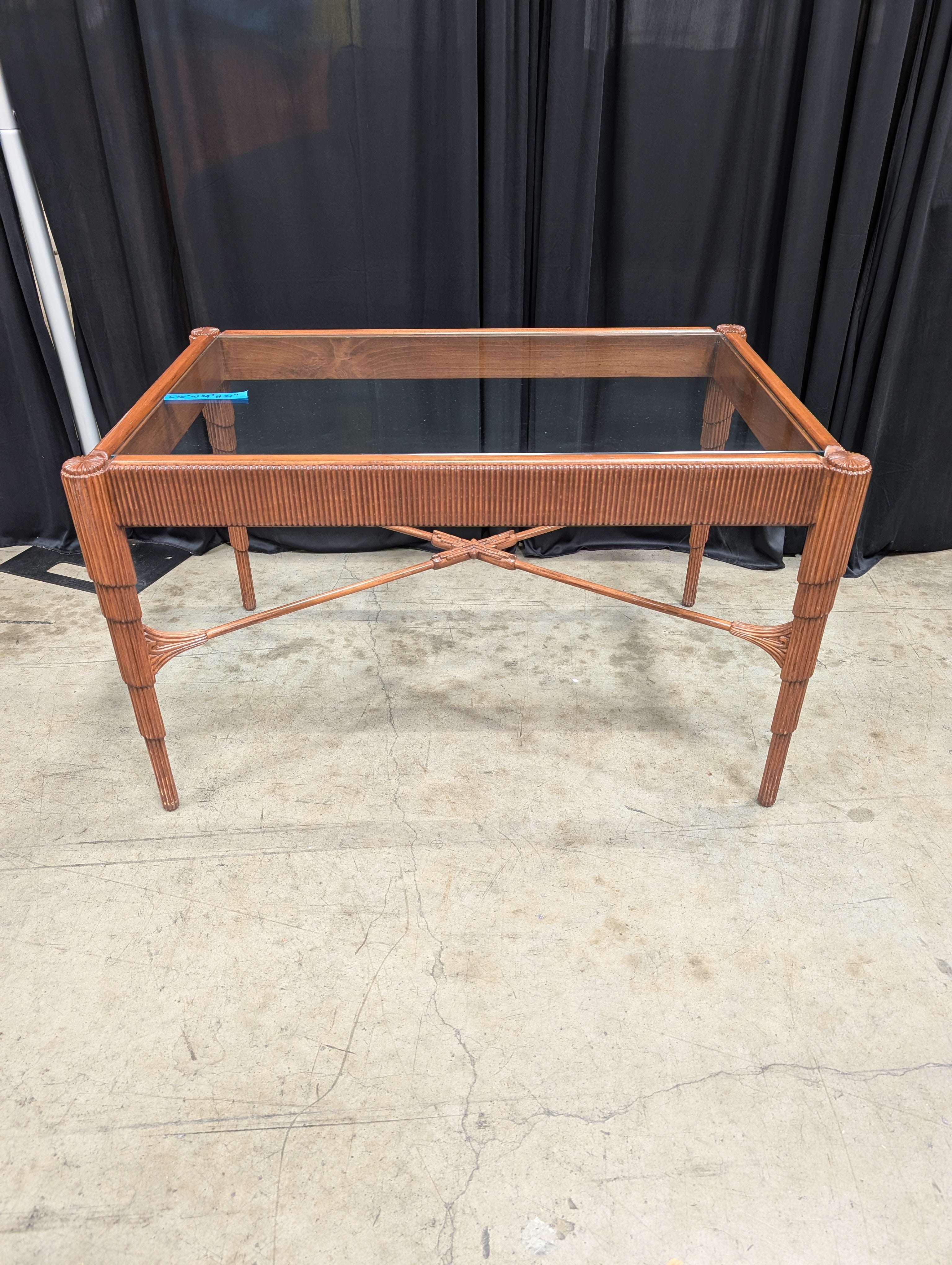 Carved Wood Rectangular Coffee Table with Glass Top
