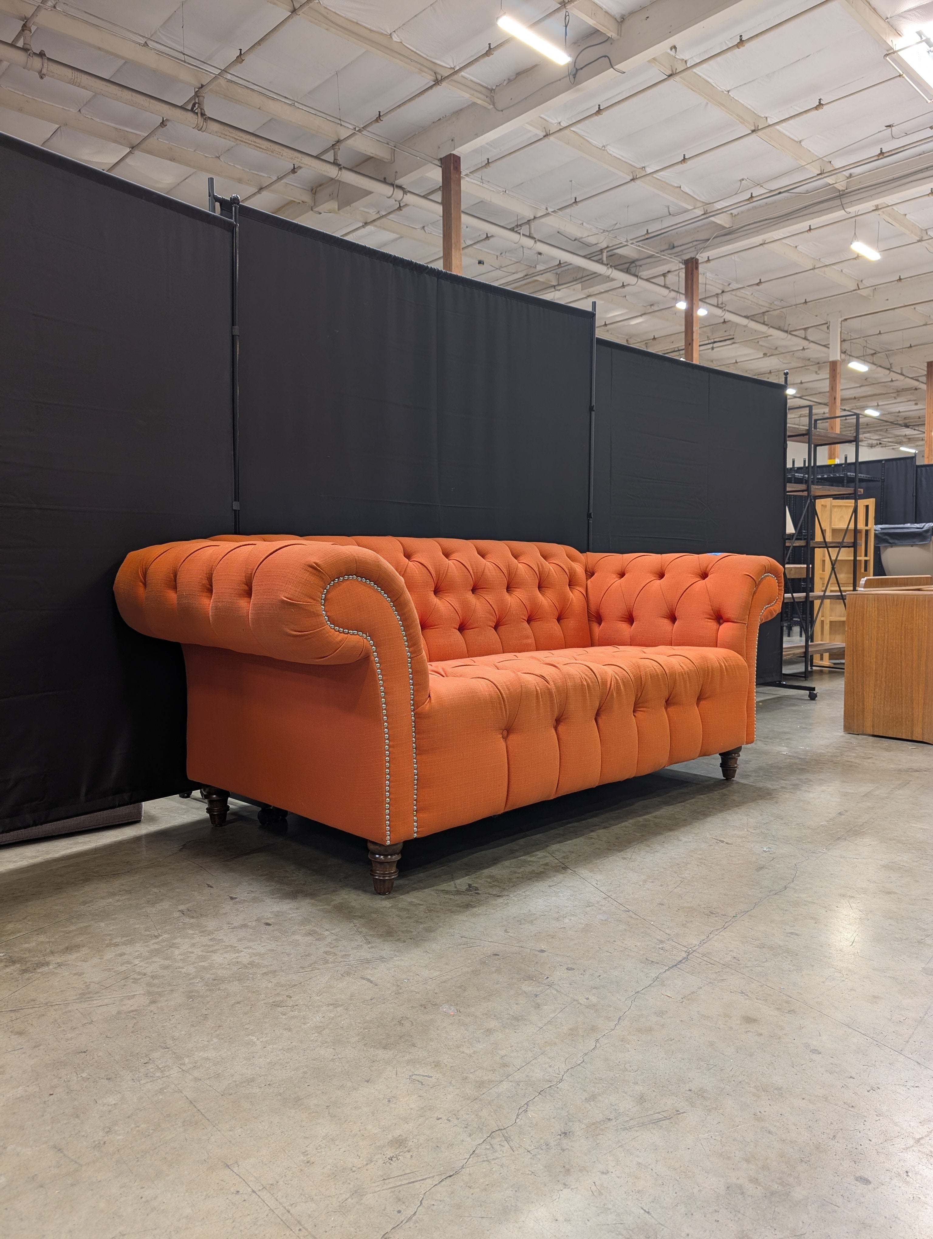 Vibrant Orange Button-Tufted Chesterfield Style Settee