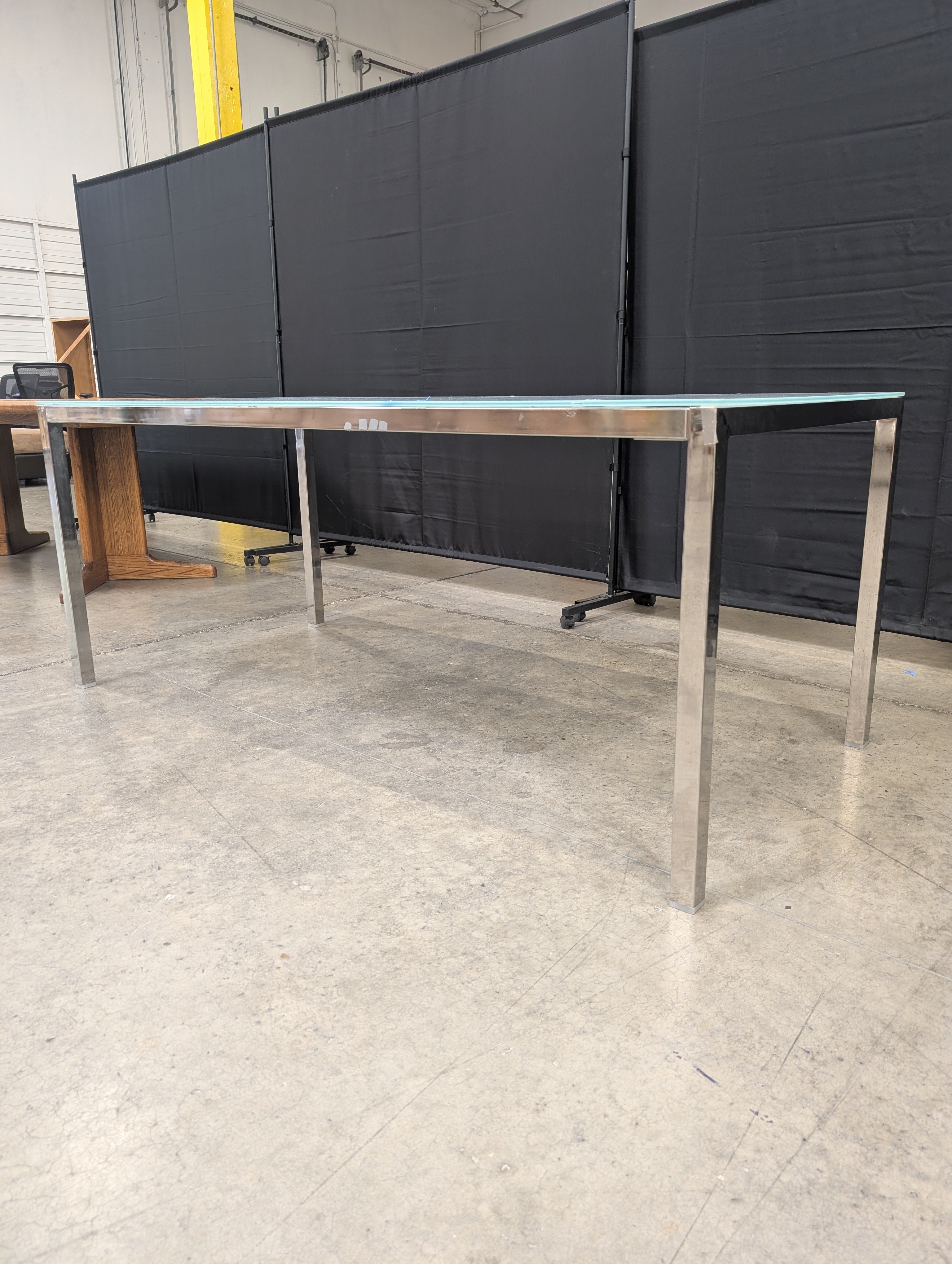 Contemporary Frosted Glass Top Dining Table with Polished Metal Legs