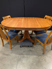 Classic Wood Pedestal Dining Table and Four Slat Back Chairs