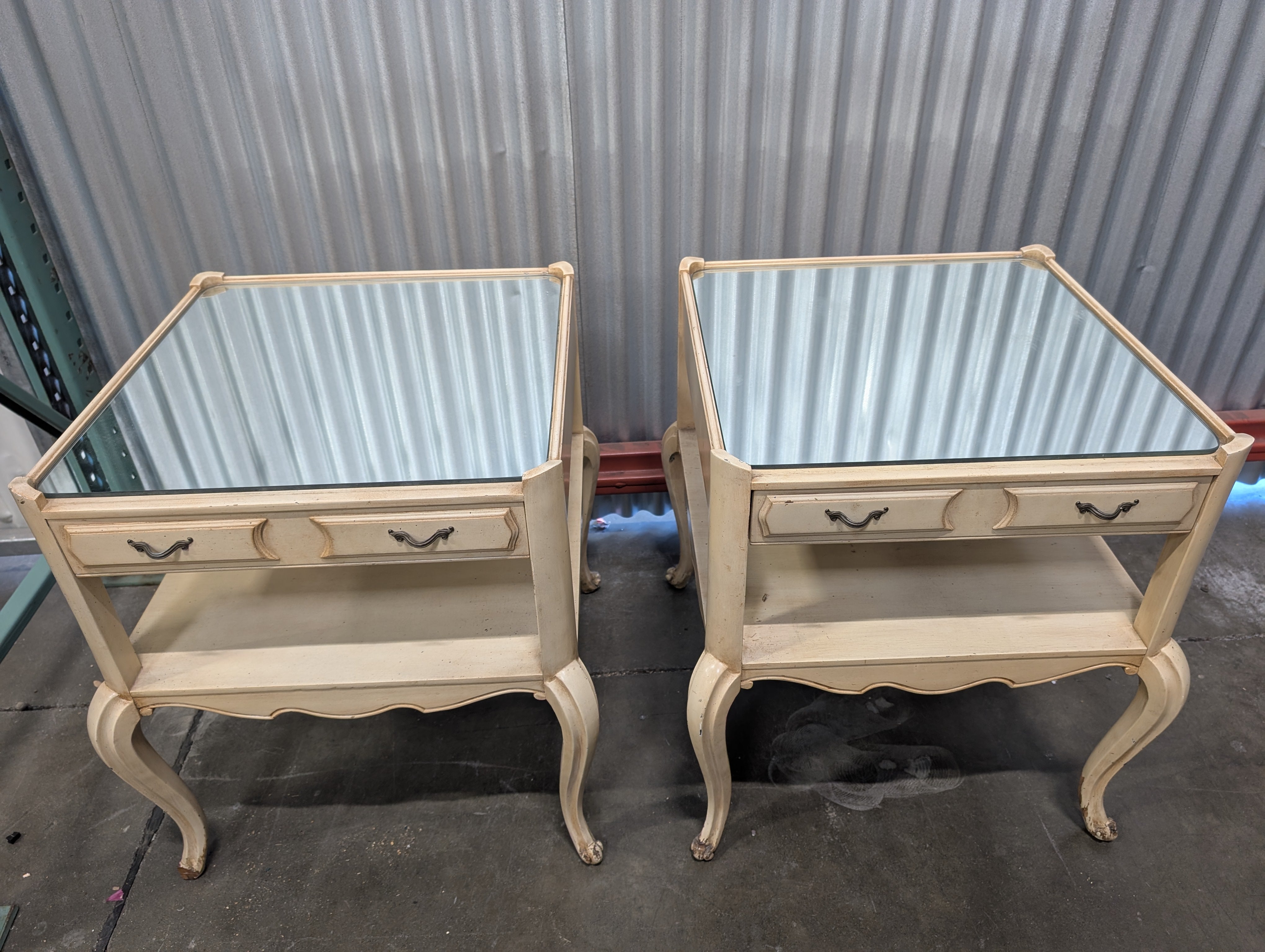 Pair of Vintage French Provincial Style Mirrored Top Side Table with Drawers