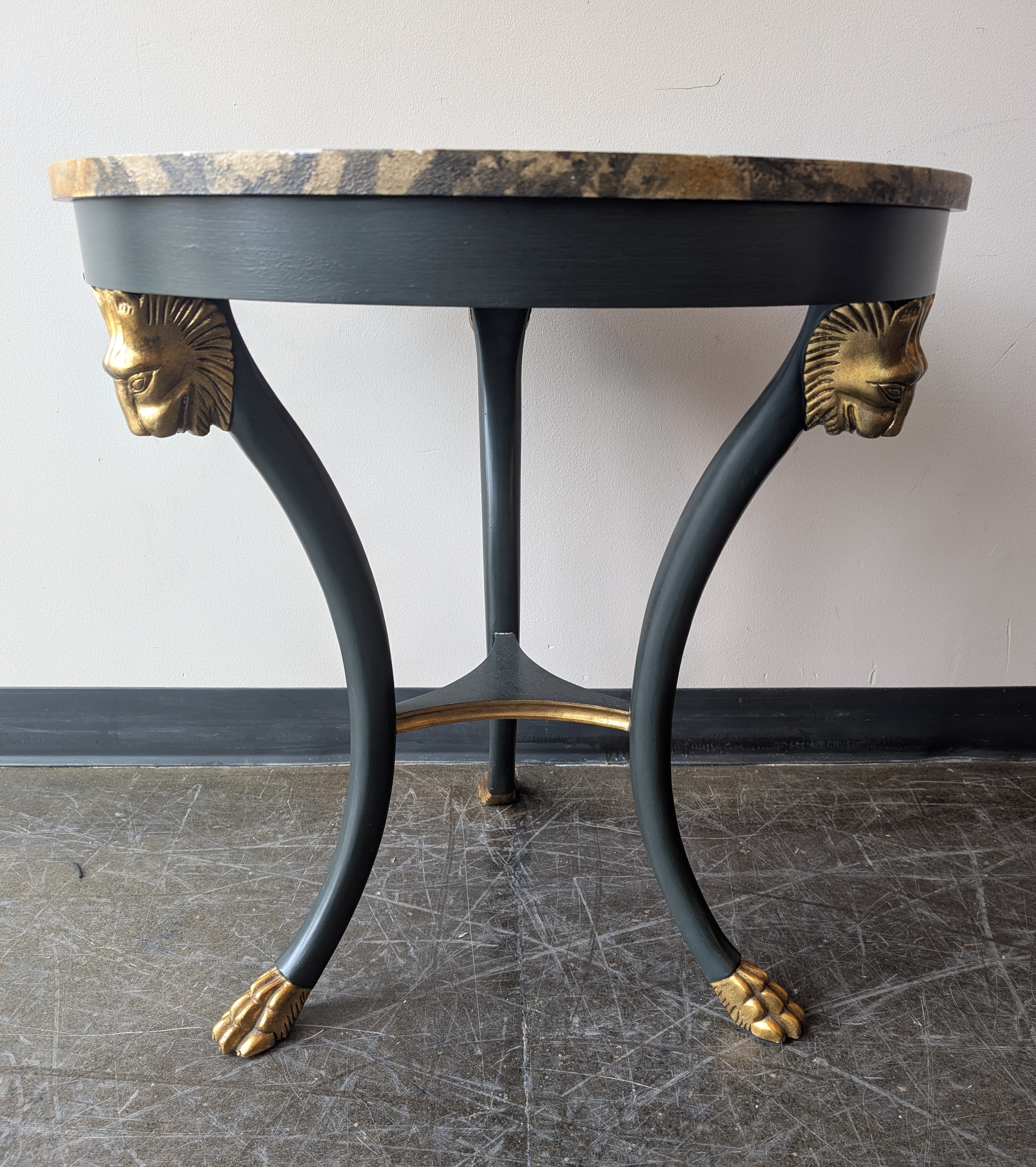 Decorative Round Bakers Furniture Accent Table with Faux Marble Top and Gilt Paw Feet