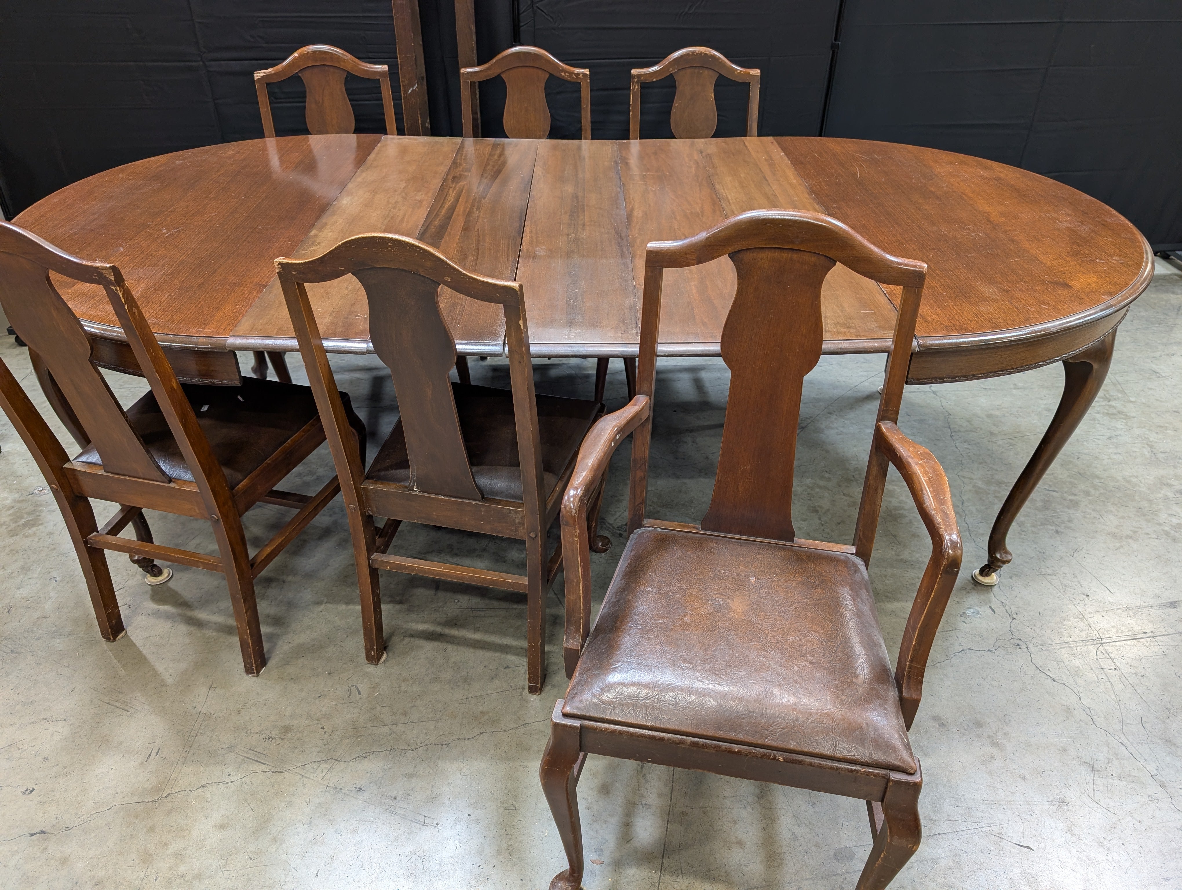 Antique Dark Wood Round Dining Table with six Dining Chairs