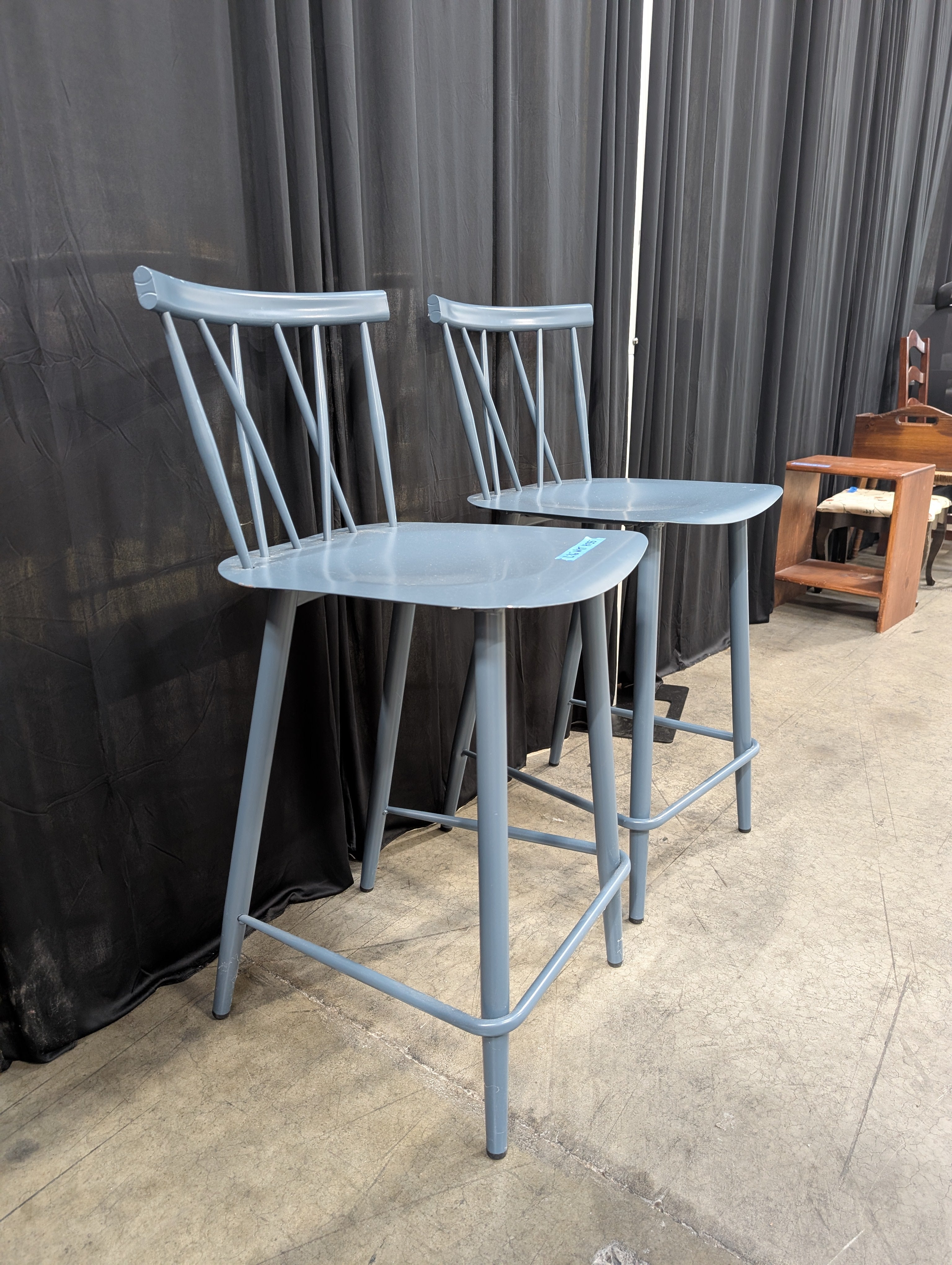 Pair of Blue Metal Cross-Back Bar Stool