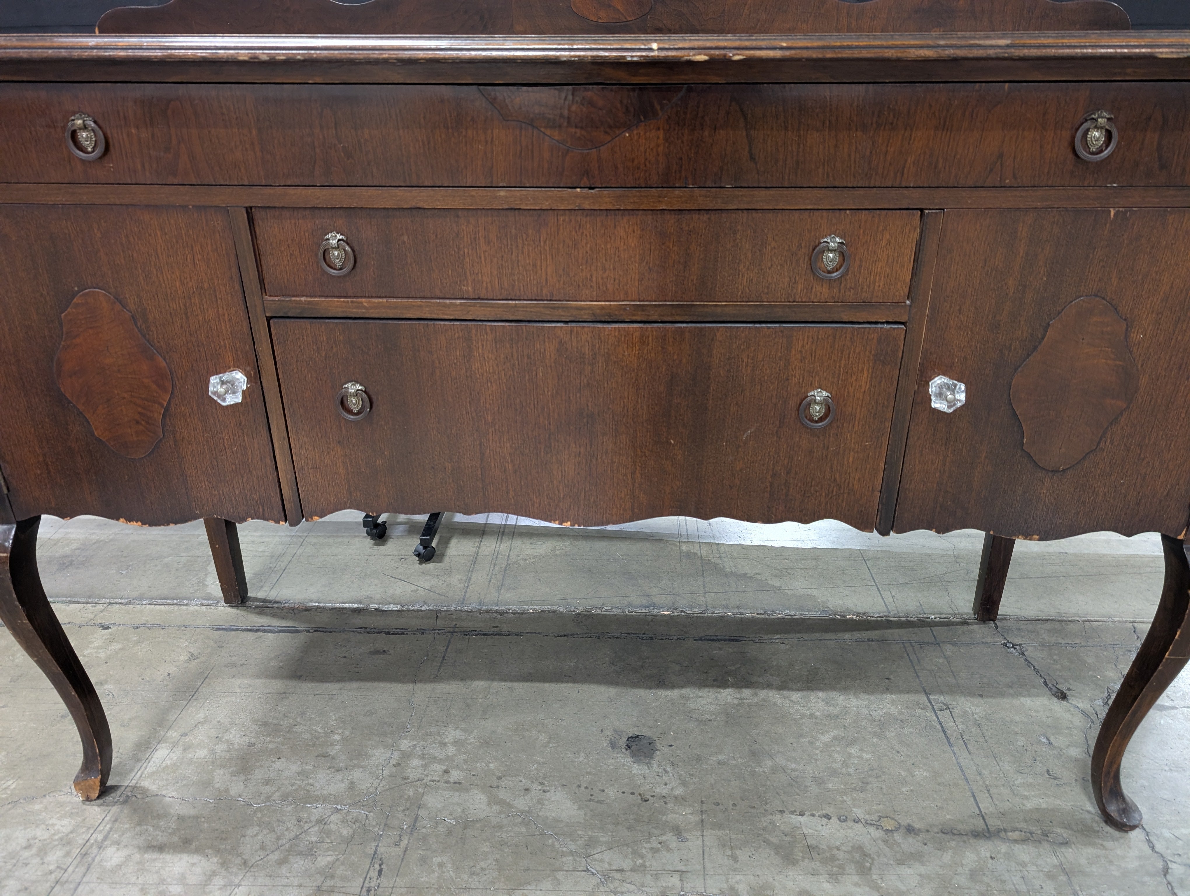 Traditional Dark Wood Buffet Cabinet with Scalloped Back