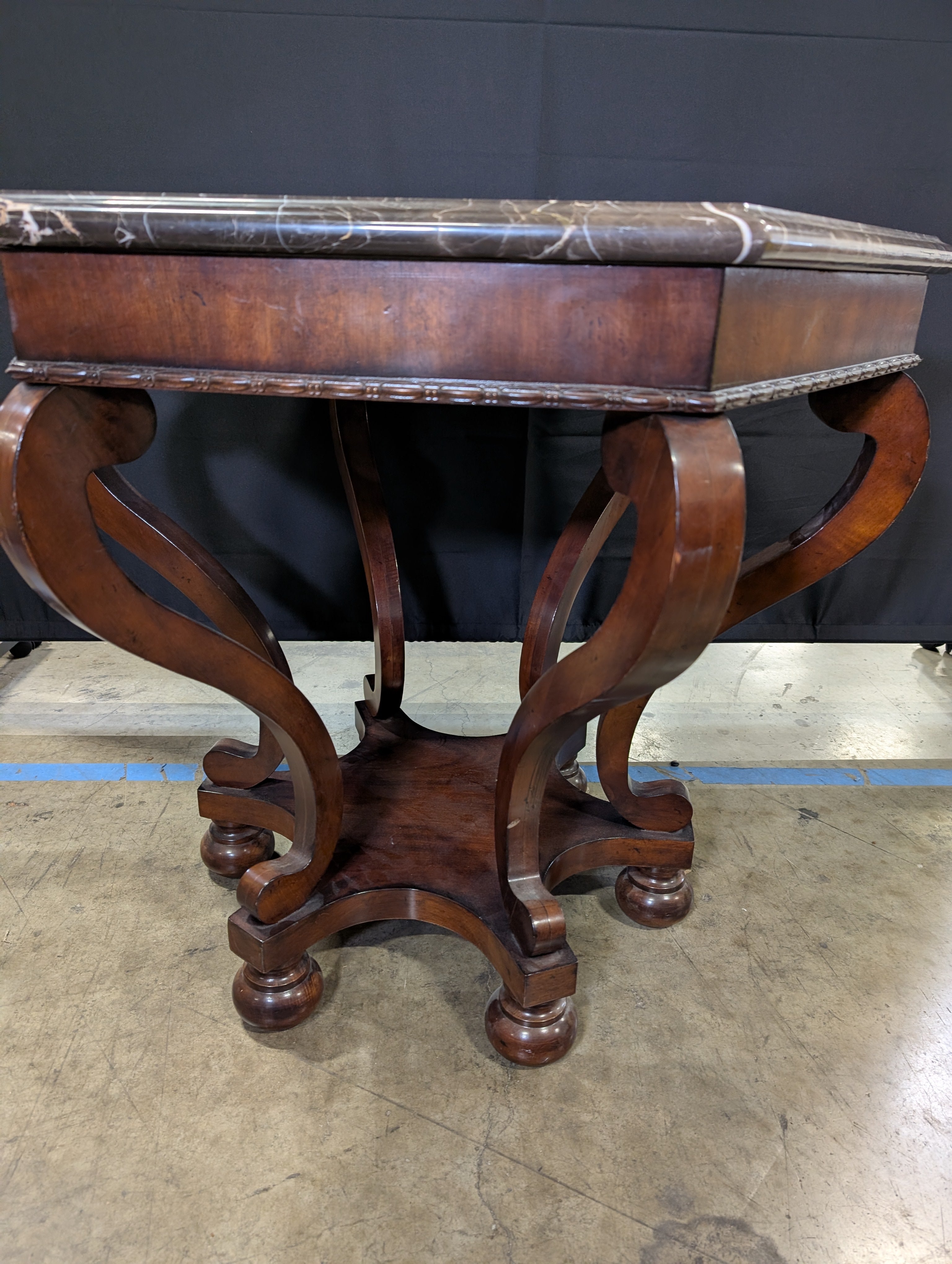 Hexagonal Dark Marble Top Accent Table with Carved Wood Pedestal Base