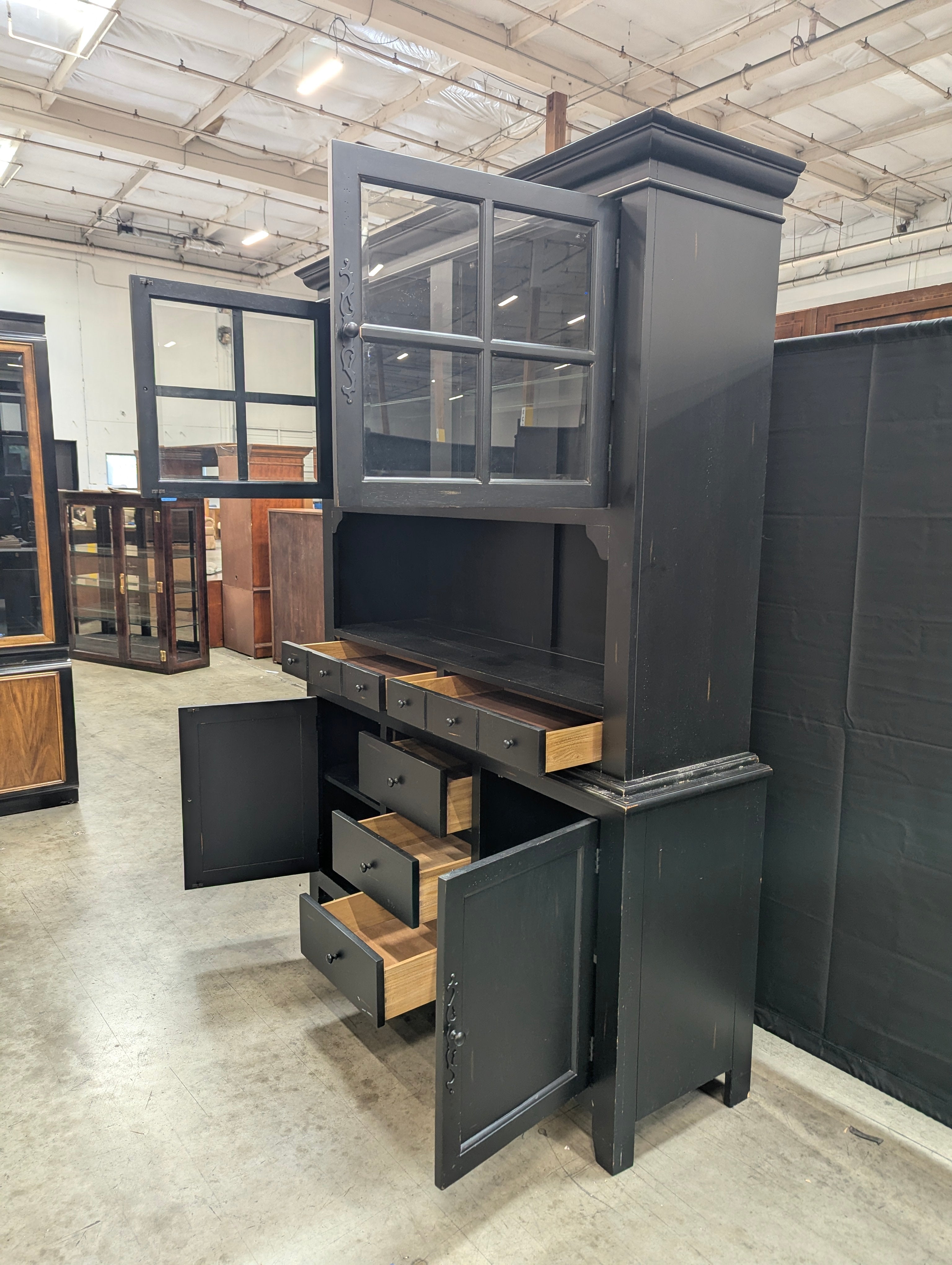 Large Black Farmhouse Display Hutch Cabinet