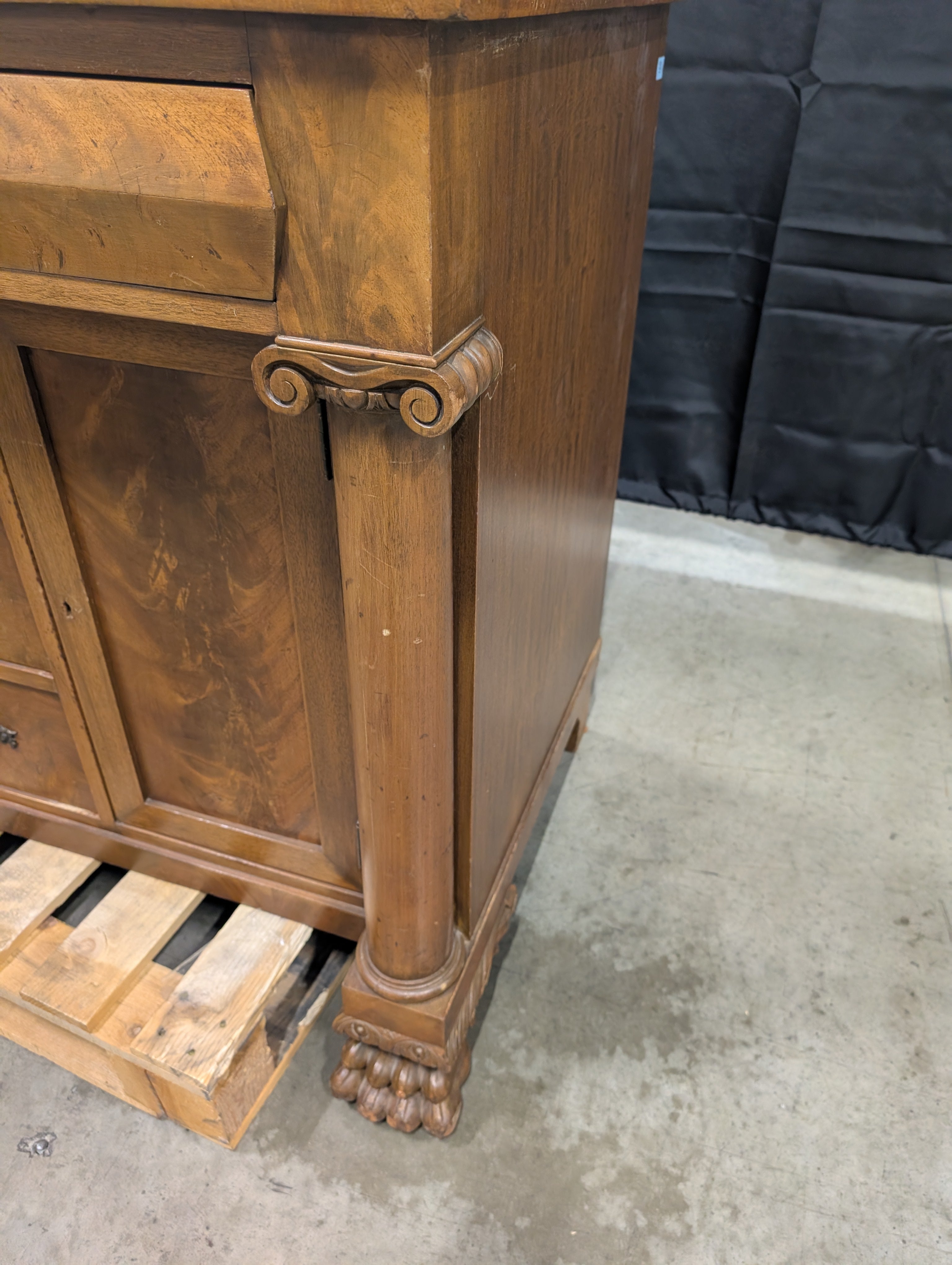 Vintage Wood Sideboard with Ornate Hardware and Fluted Columns