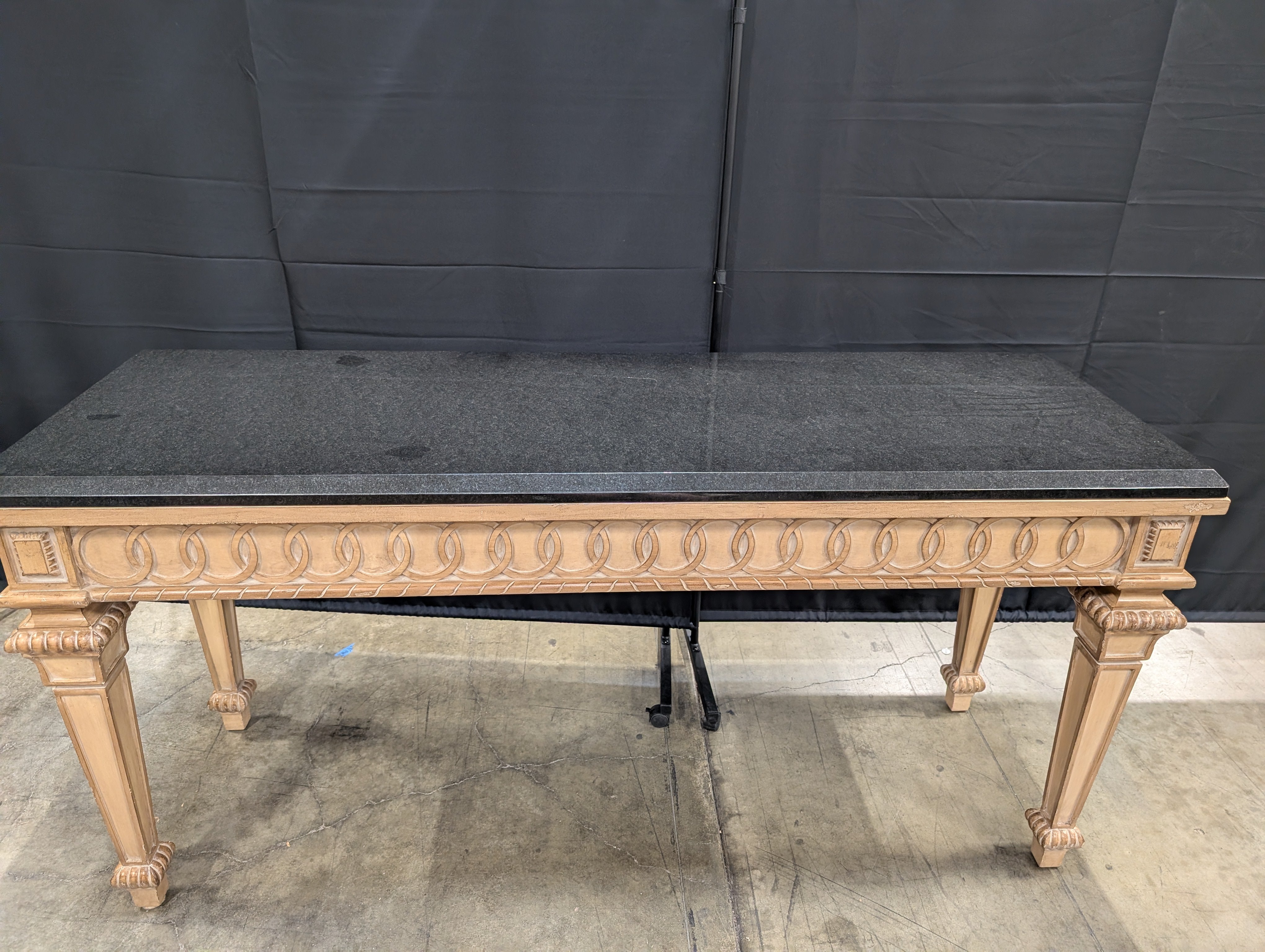 Ornate Carved Wood Console Table with Dark Stone Top