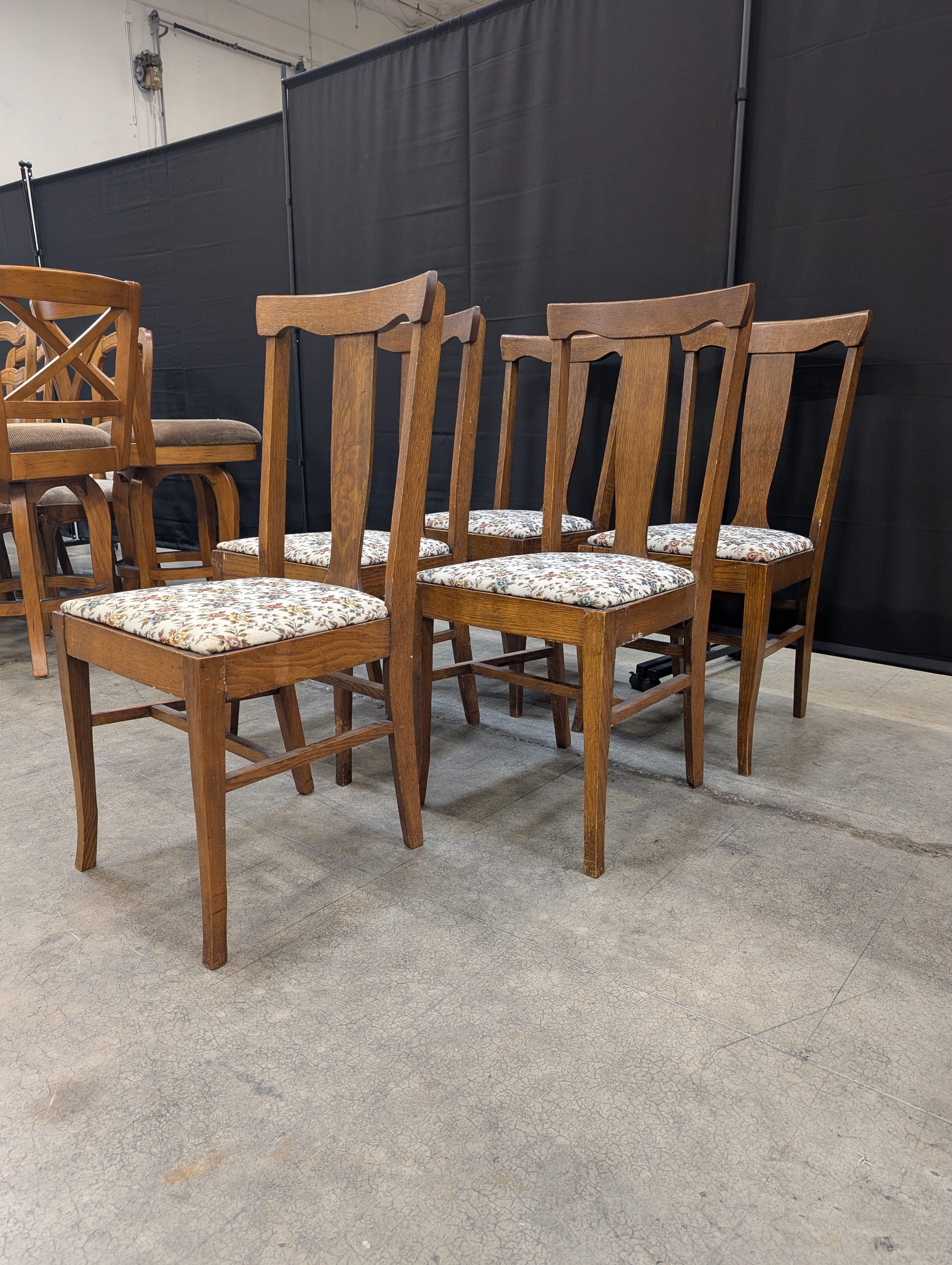 Set of Five Traditional Wooden Dining Chairs with Floral Upholstery