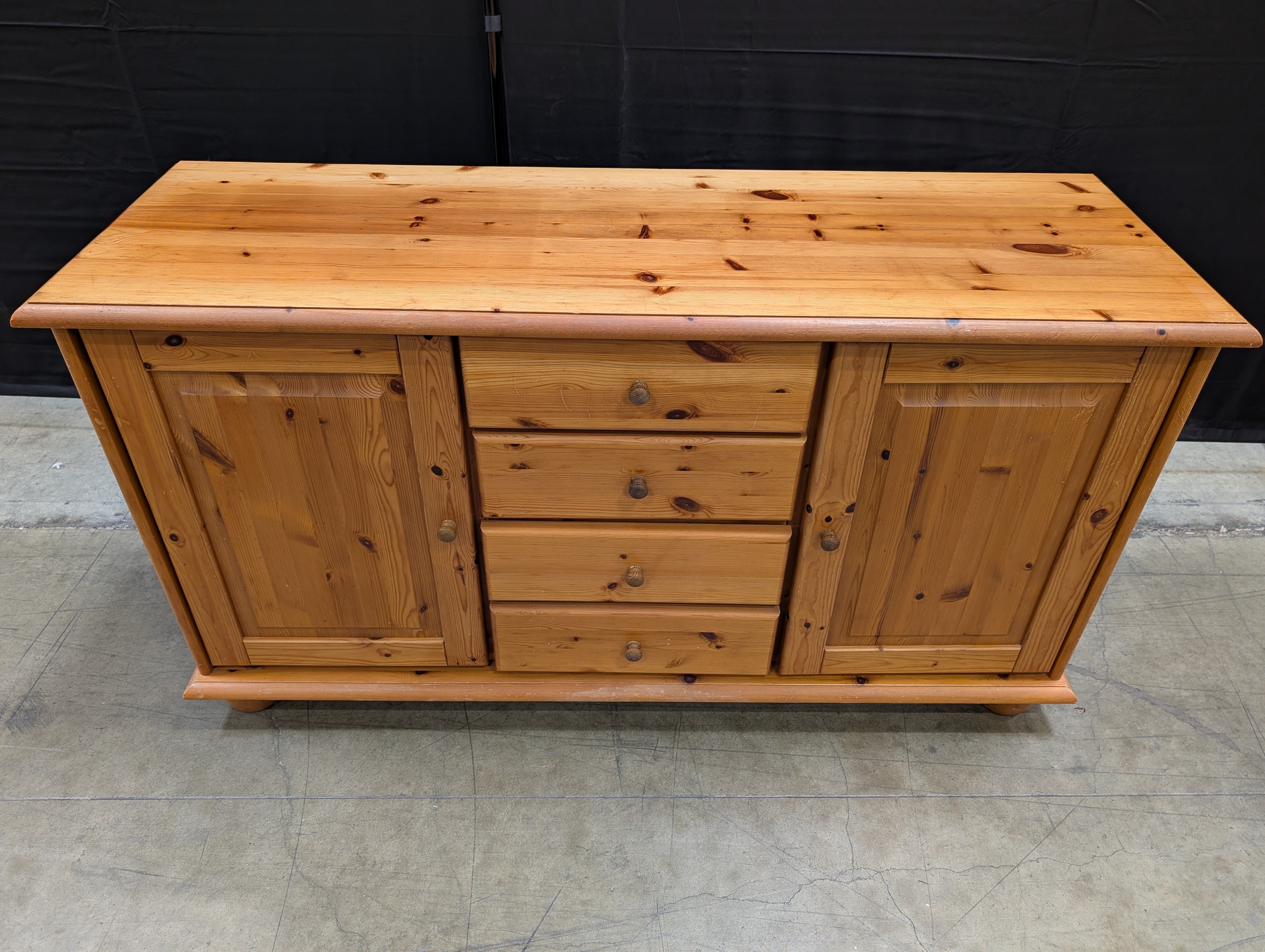 Rustic Pine Wood Sideboard with Cabinets and Drawers