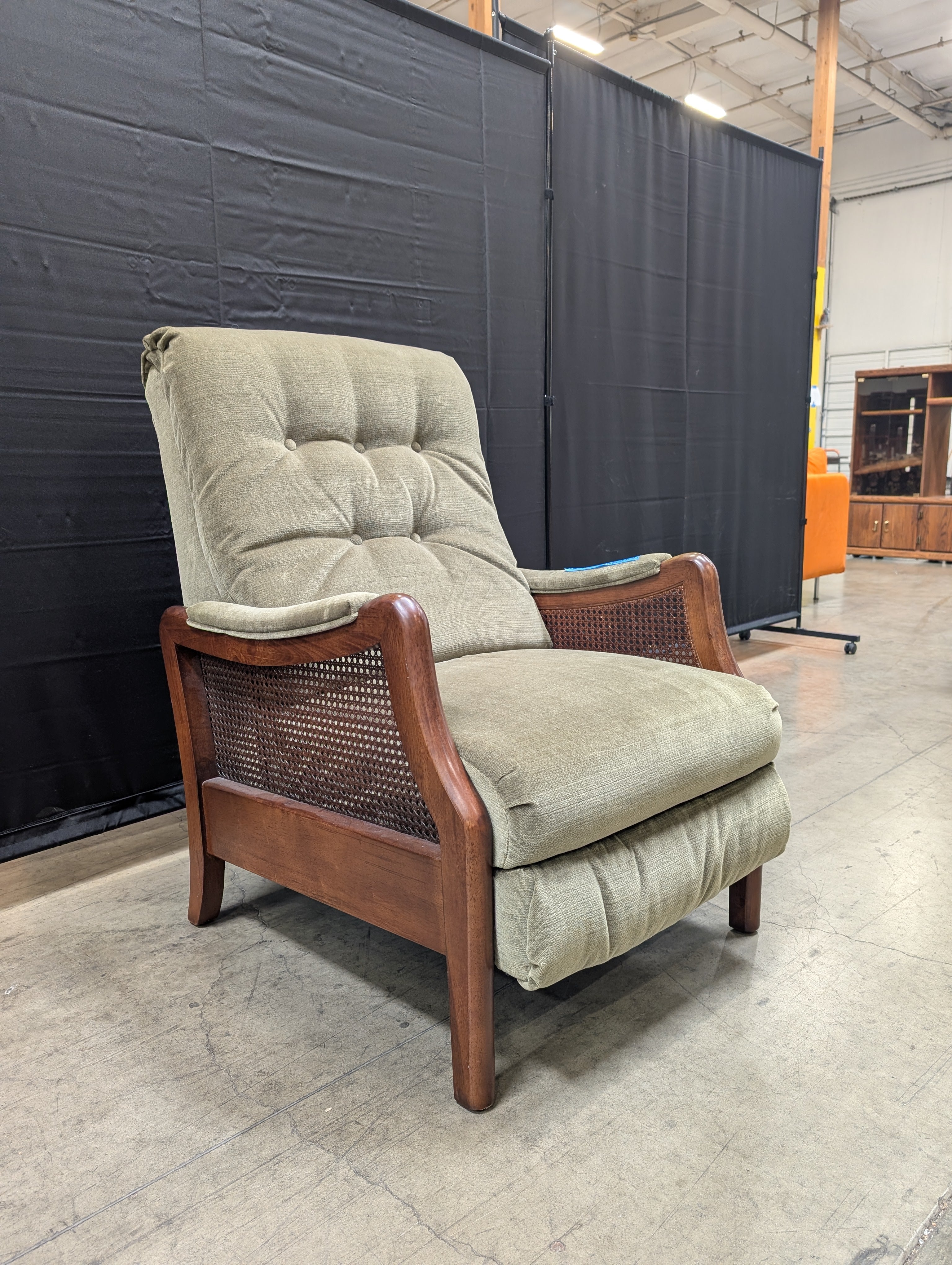Vintage Green Velvet Recliner Chair with Cane Accents