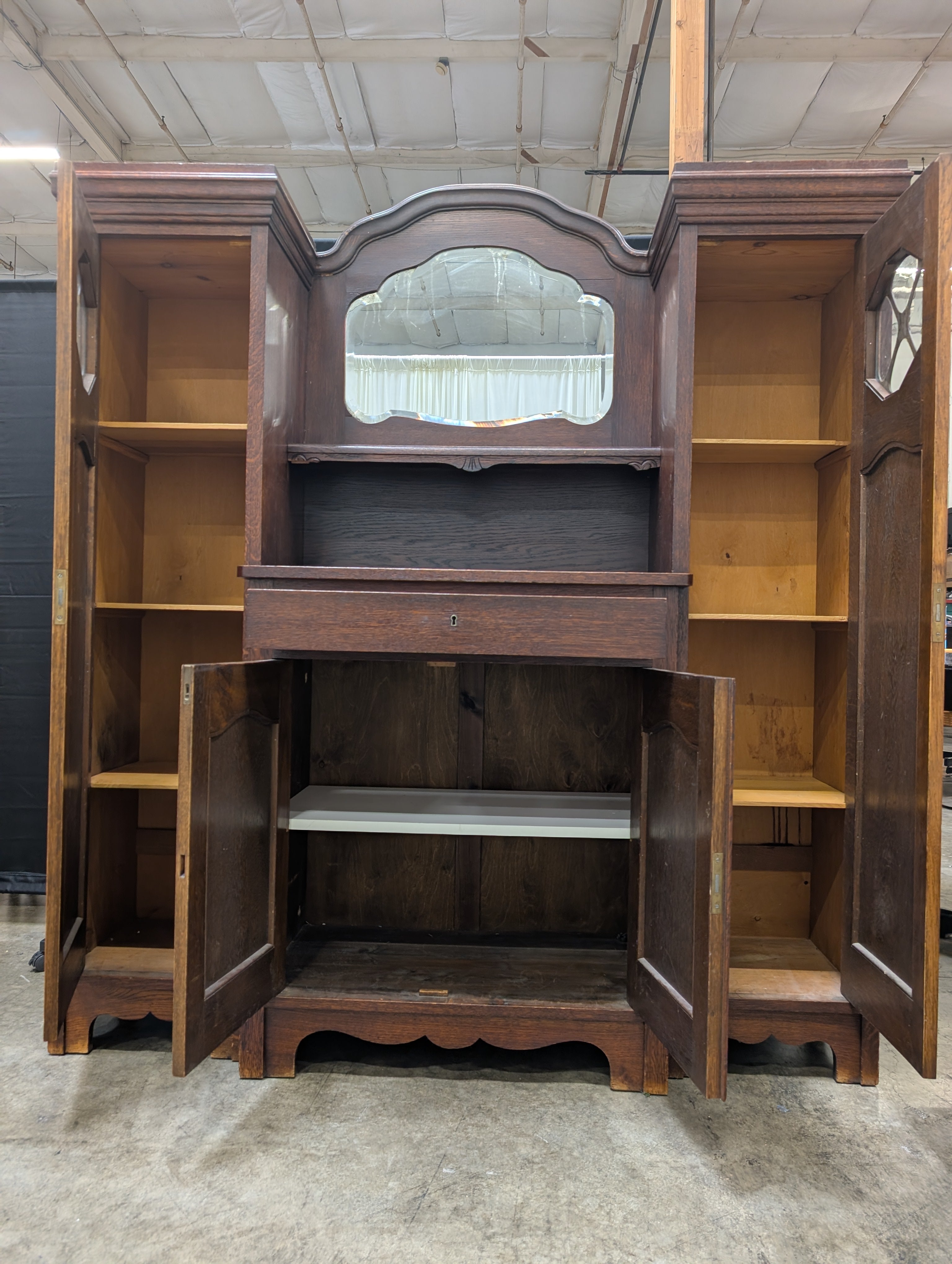 Carved Dark Wood China Cabinet with Mirror