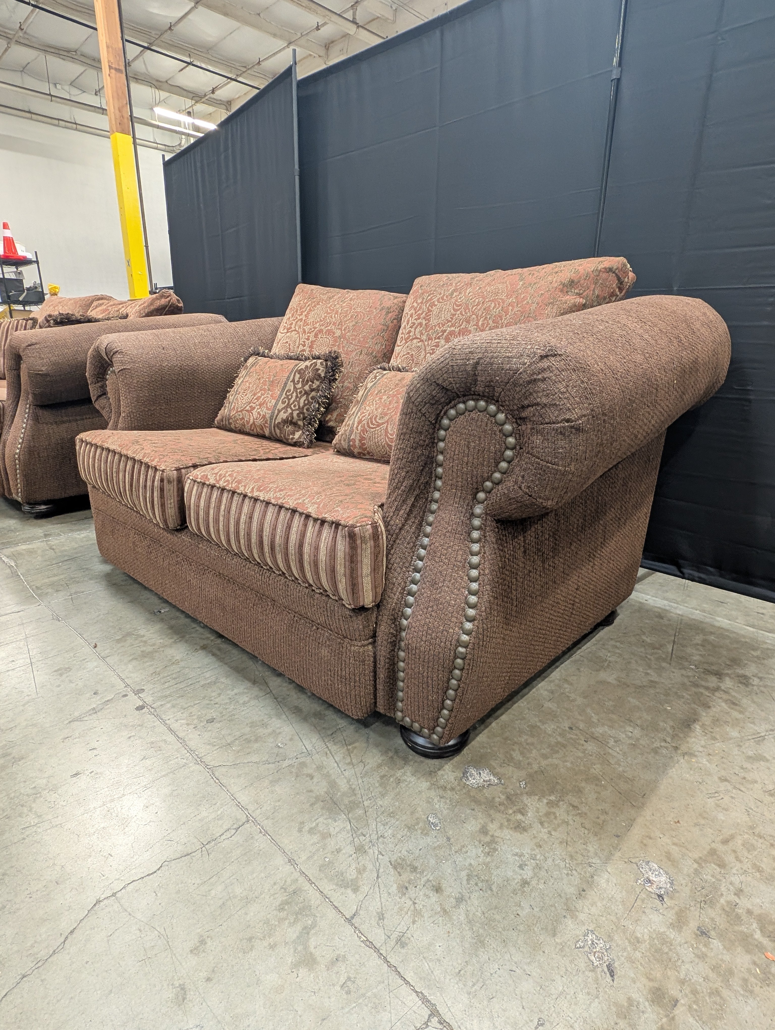 Textured Brown Loveseat with Nail Trim