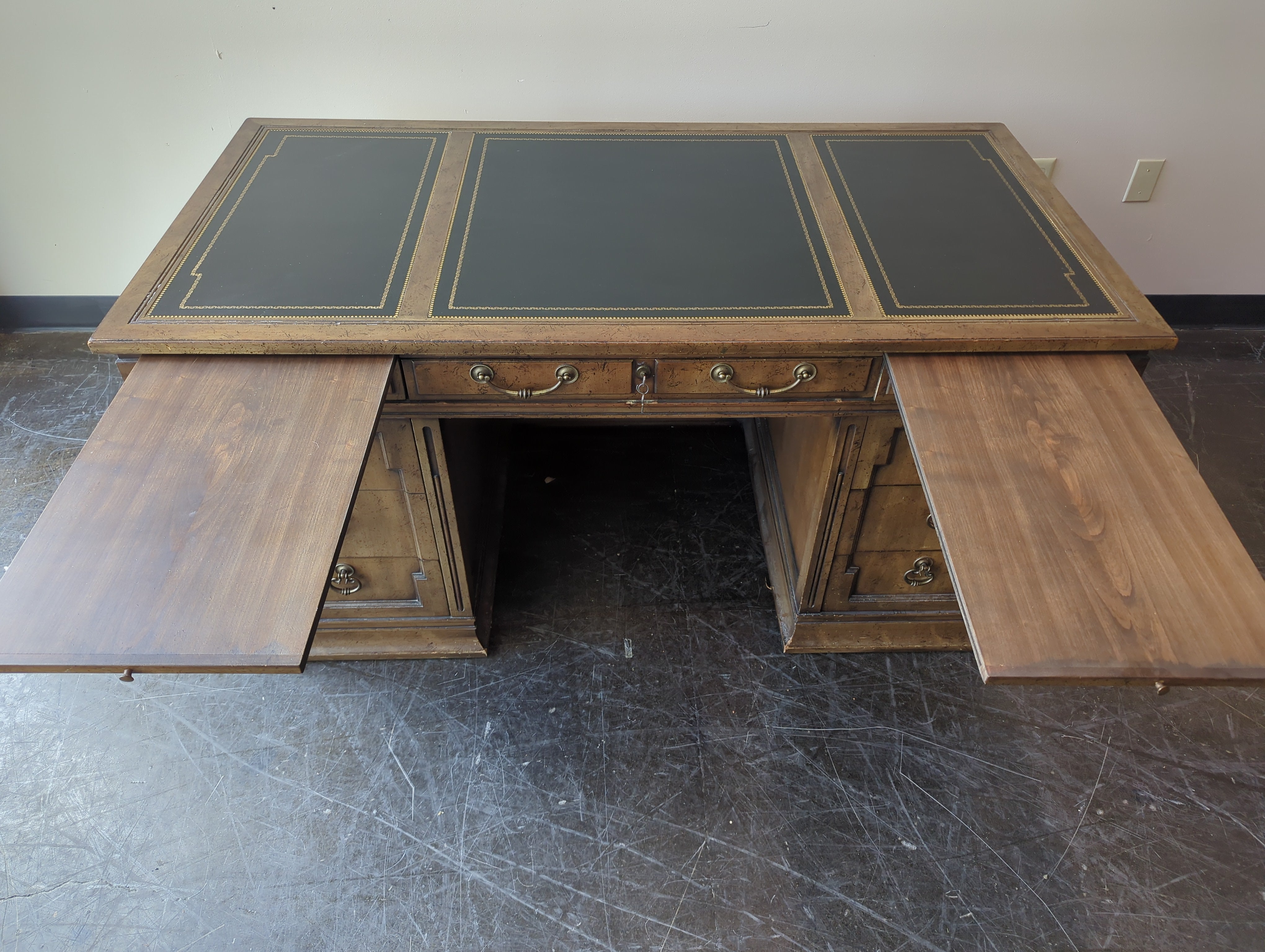 Vintage Style Pedestal Desk with Tooled Leather Top