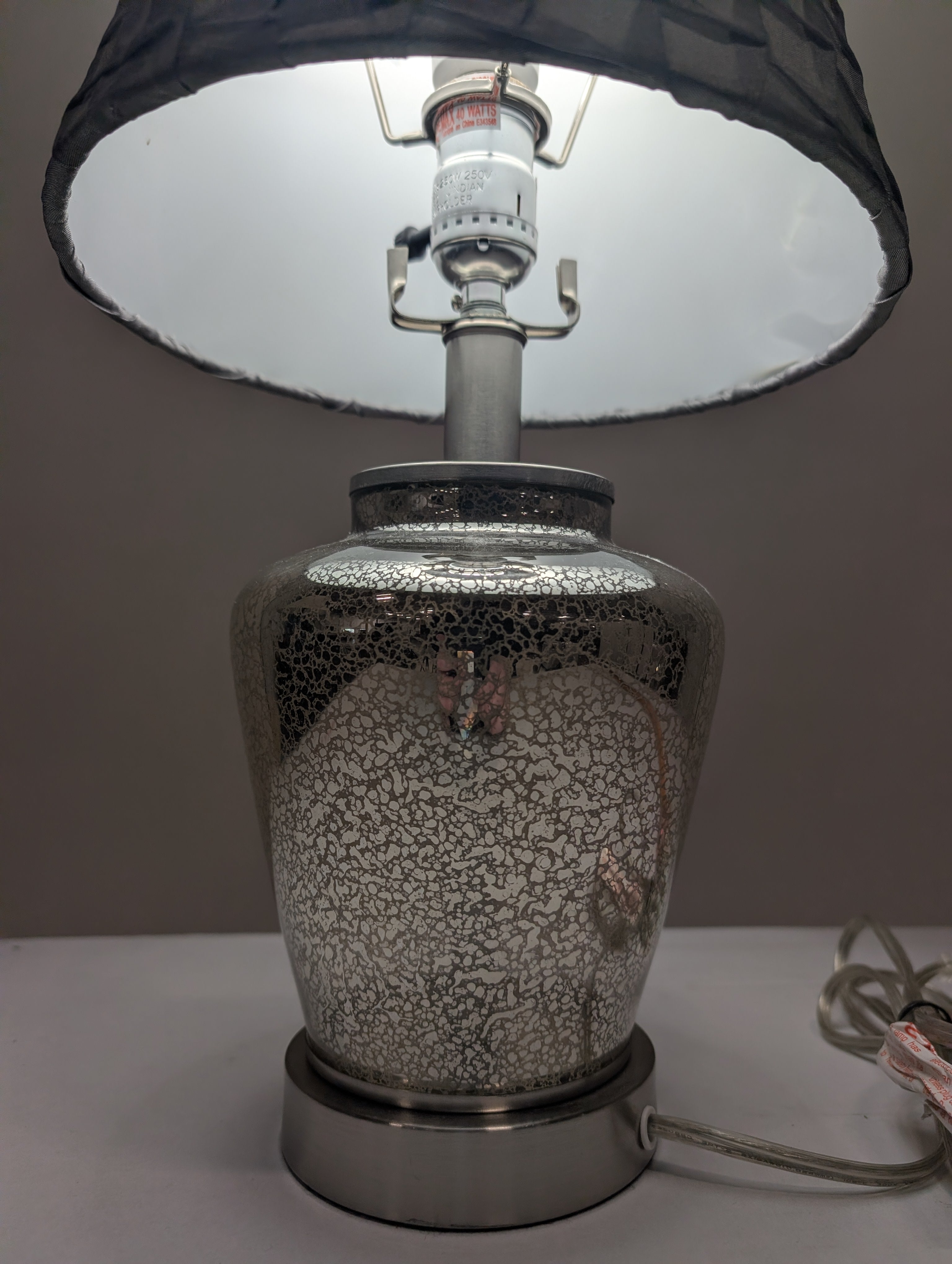 Silver Mercury Glass Table Lamp with Textured Gray Fabric Shade