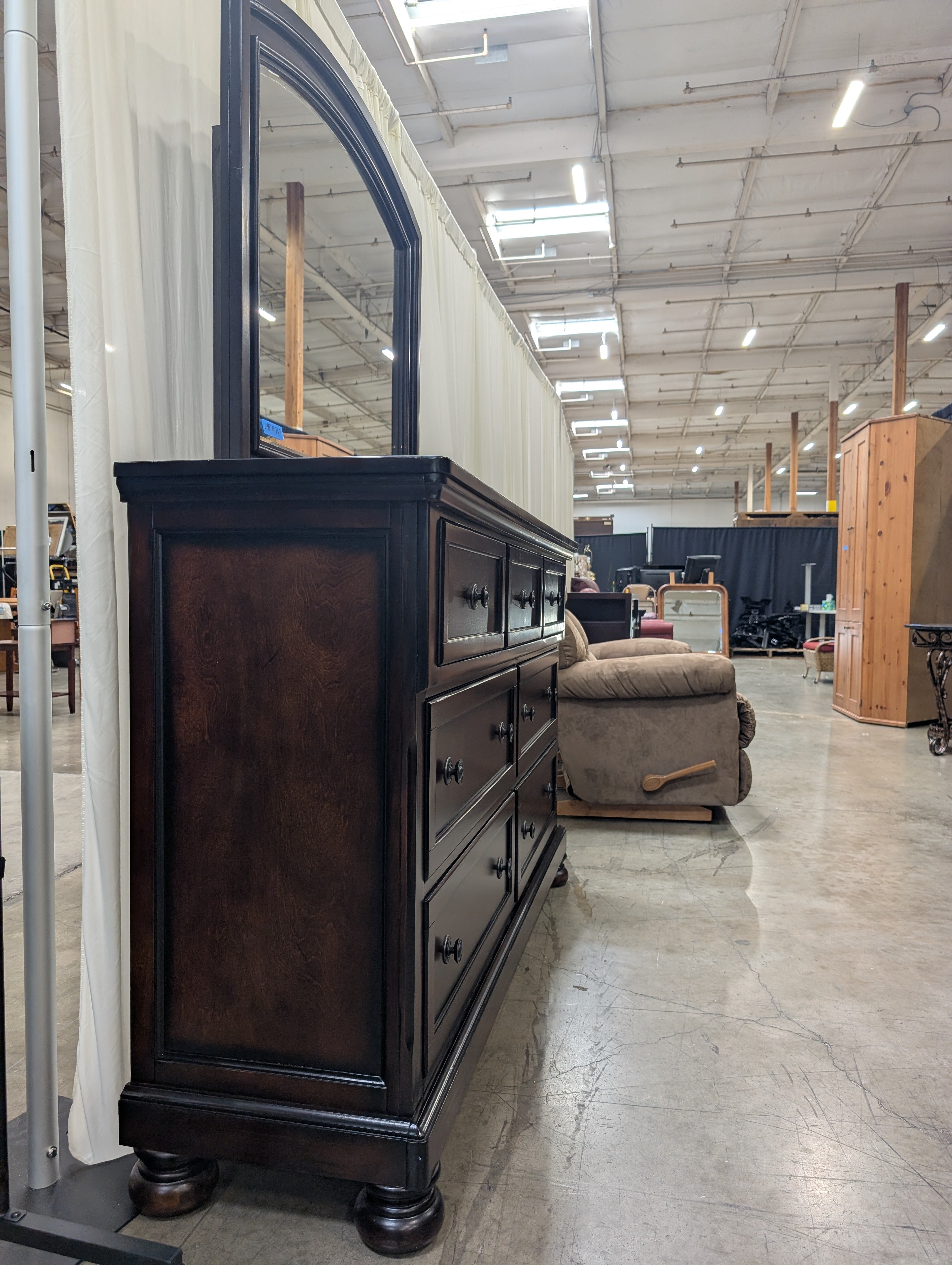 Dark Cherry Wood Dresser with Arched Mirror