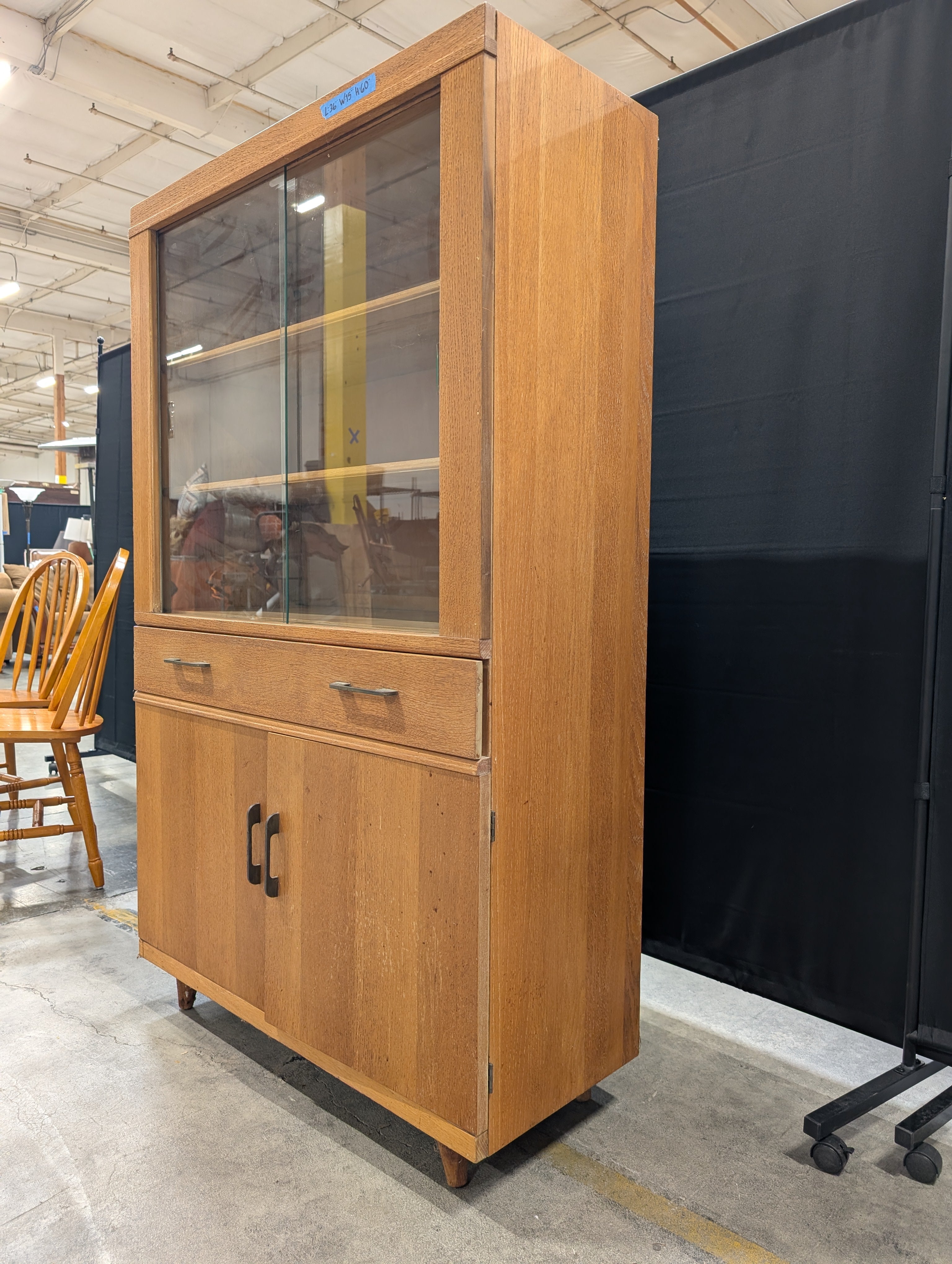 Vintage Oak China Cabinet with Sliding Glass Doors