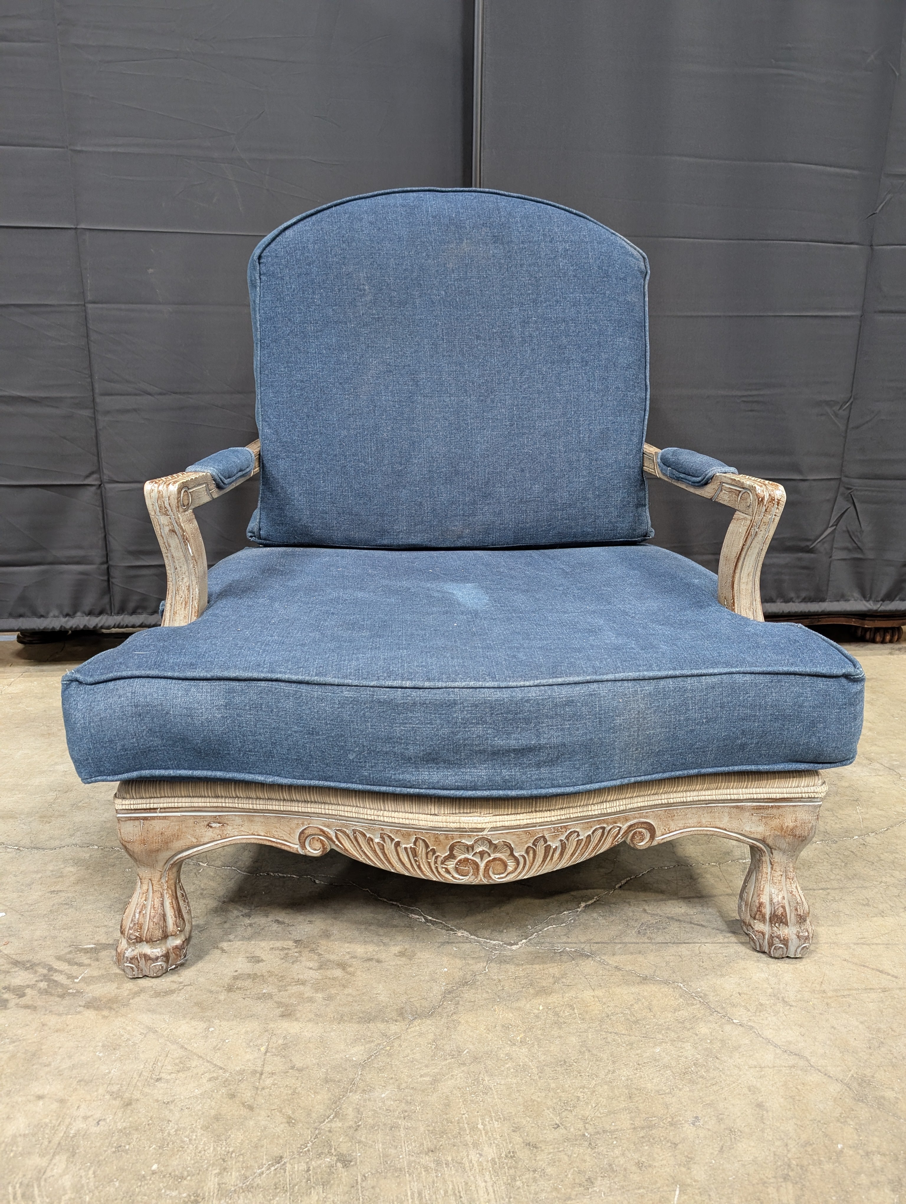 Vintage Style Blue Upholstered Armchair with Carved Wood Frame
