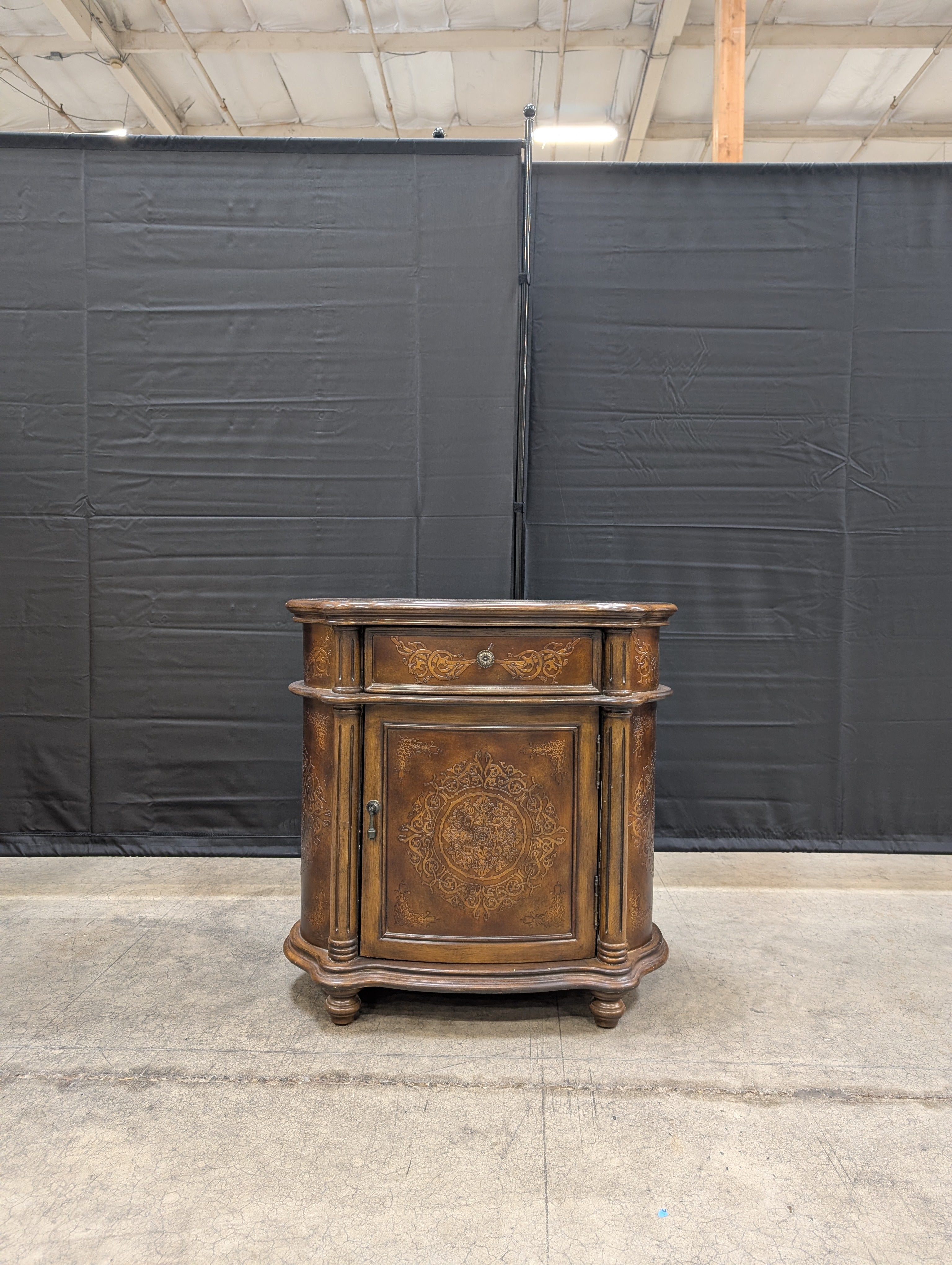 Ornate Dark Wood Accent Cabinet with Drawer