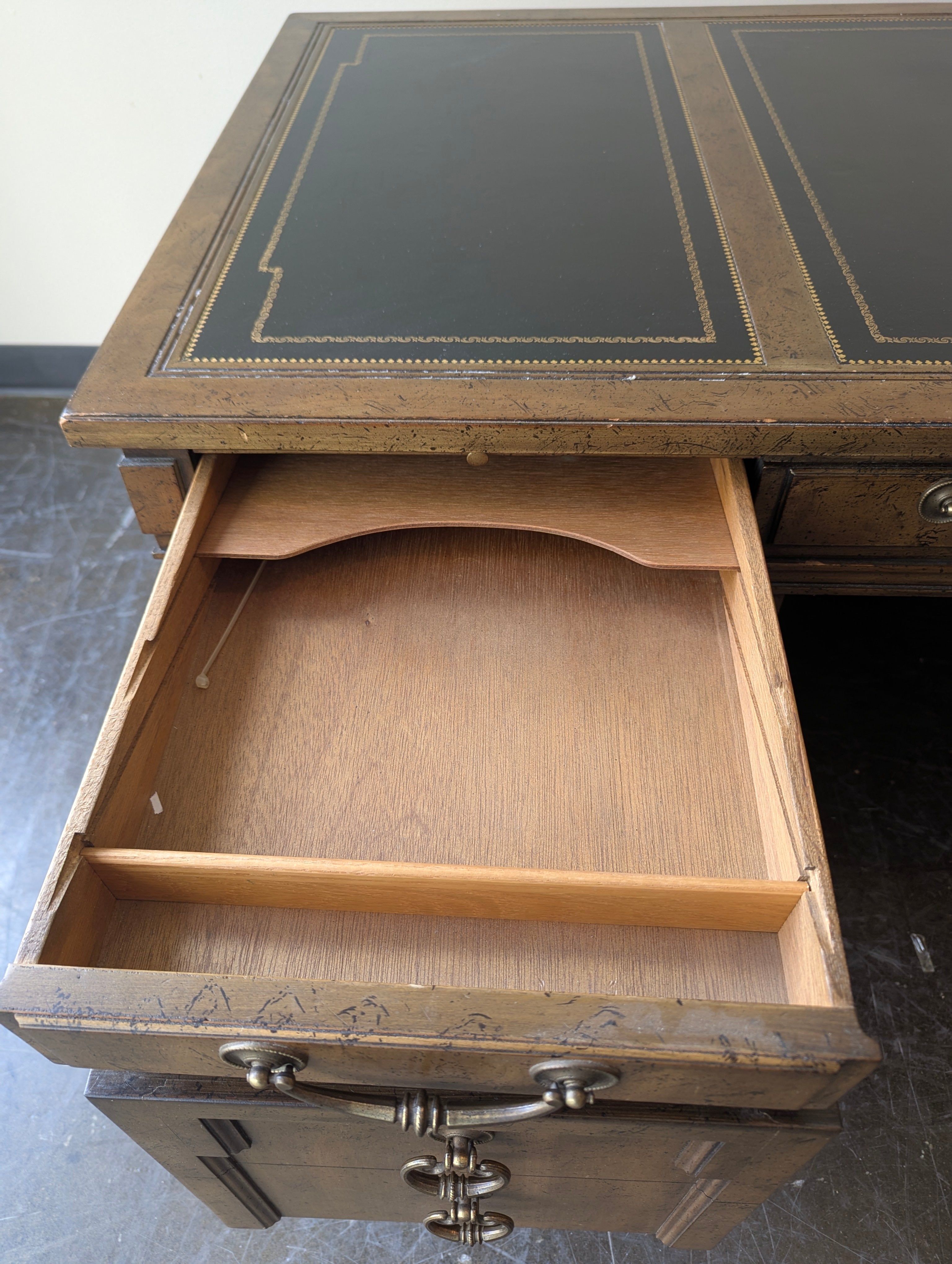 Vintage Style Pedestal Desk with Tooled Leather Top