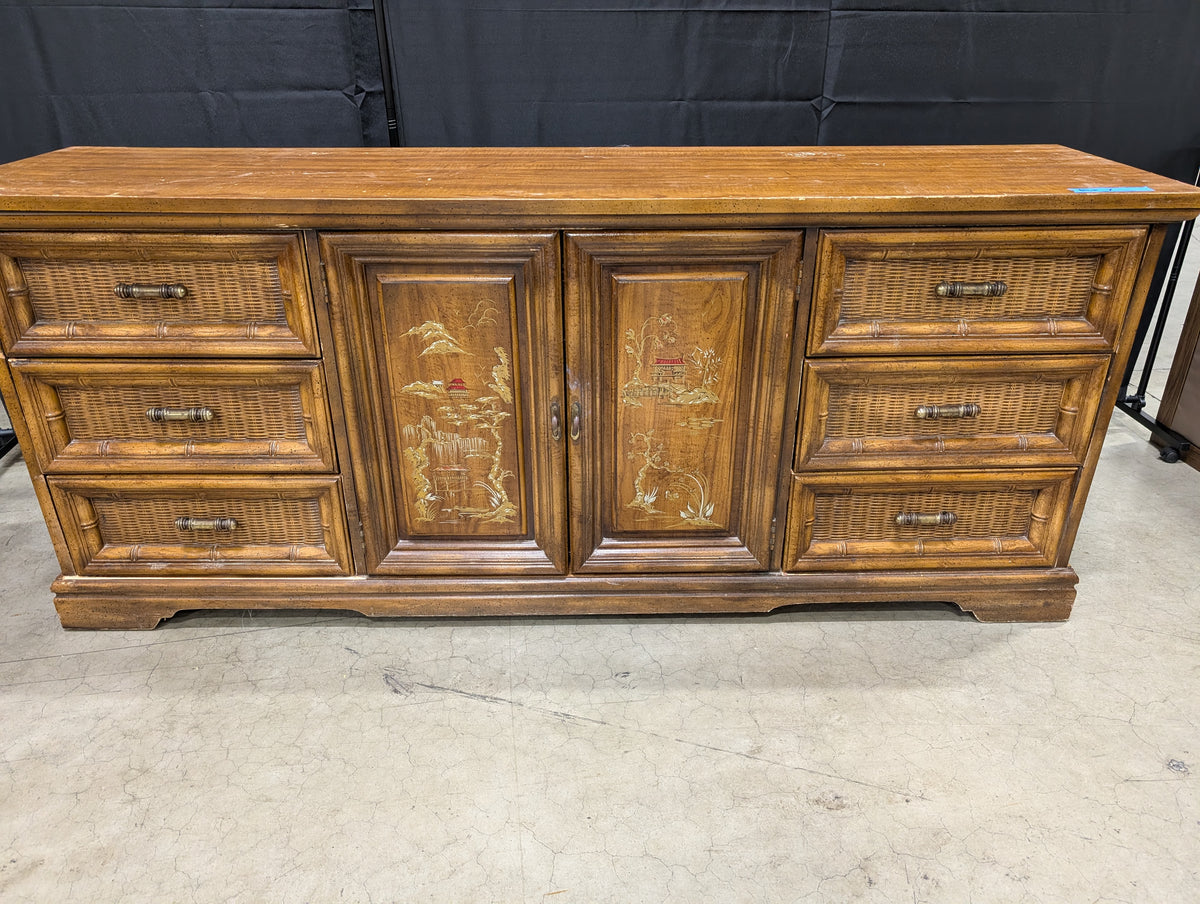 Vintage Bamboo Style Dresser with Carved Panels