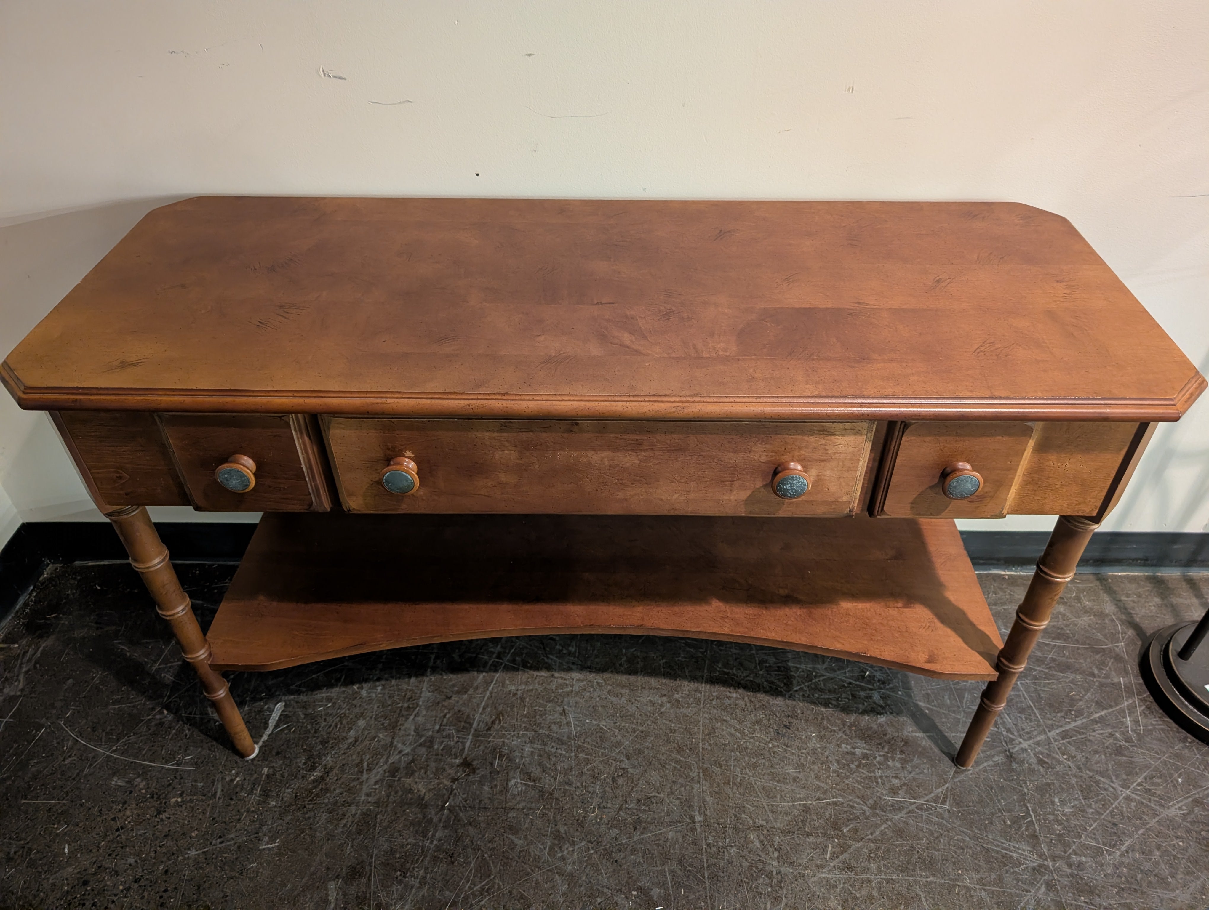 Warm Wood Console Table with Two Drawers and Lower Shelf