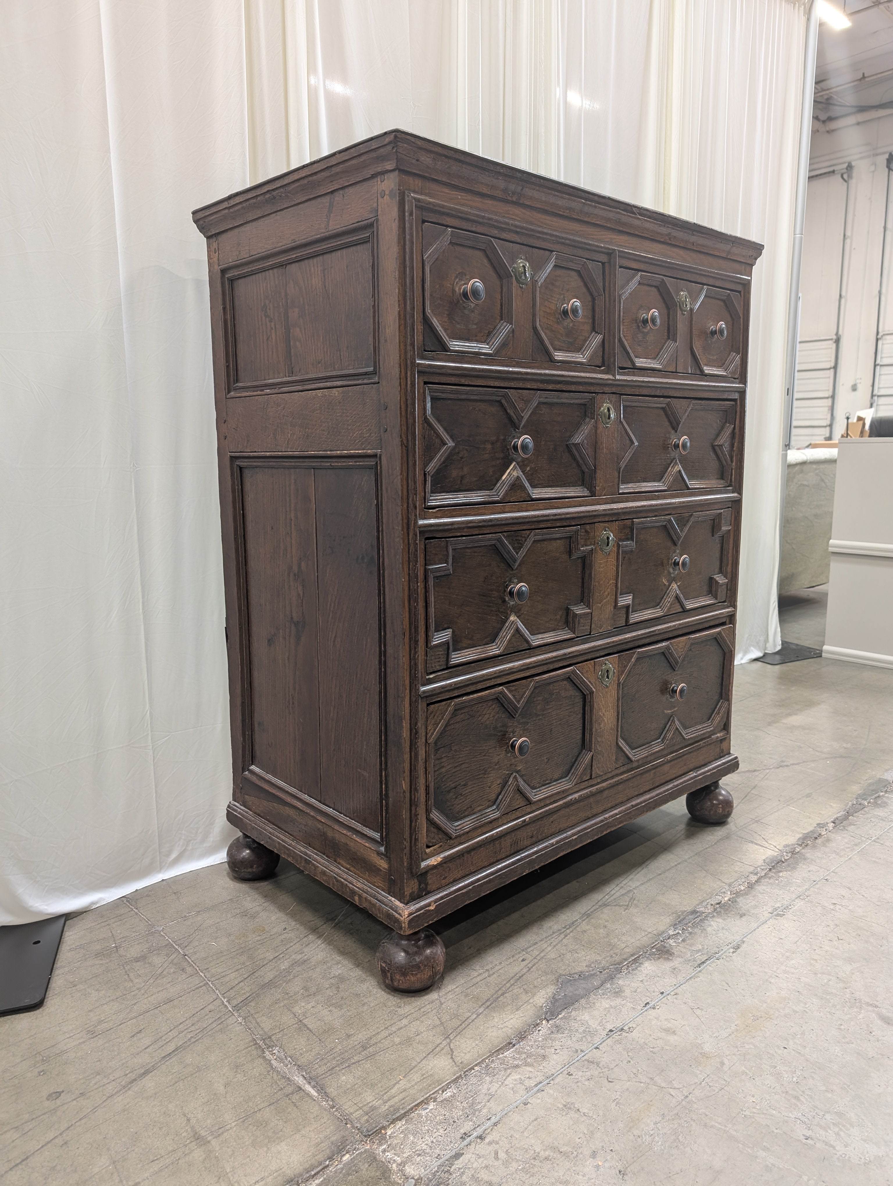 Antique Style Geometric Paneled Dresser in Dark Wood